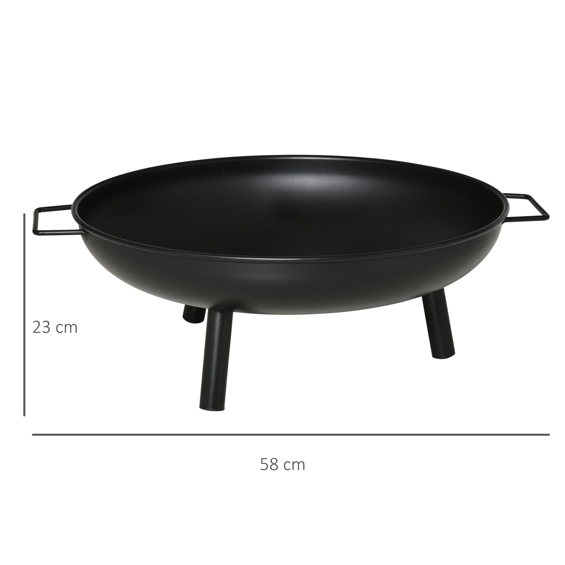 Outsunny Brasero Exterior Ø58x23 cm Cuenco de Fuego Redondo con Asas de Transporte 3 Pies y Marco de Metal para Hogueras Leñas Terraza Jardín al Aire Libre Negro