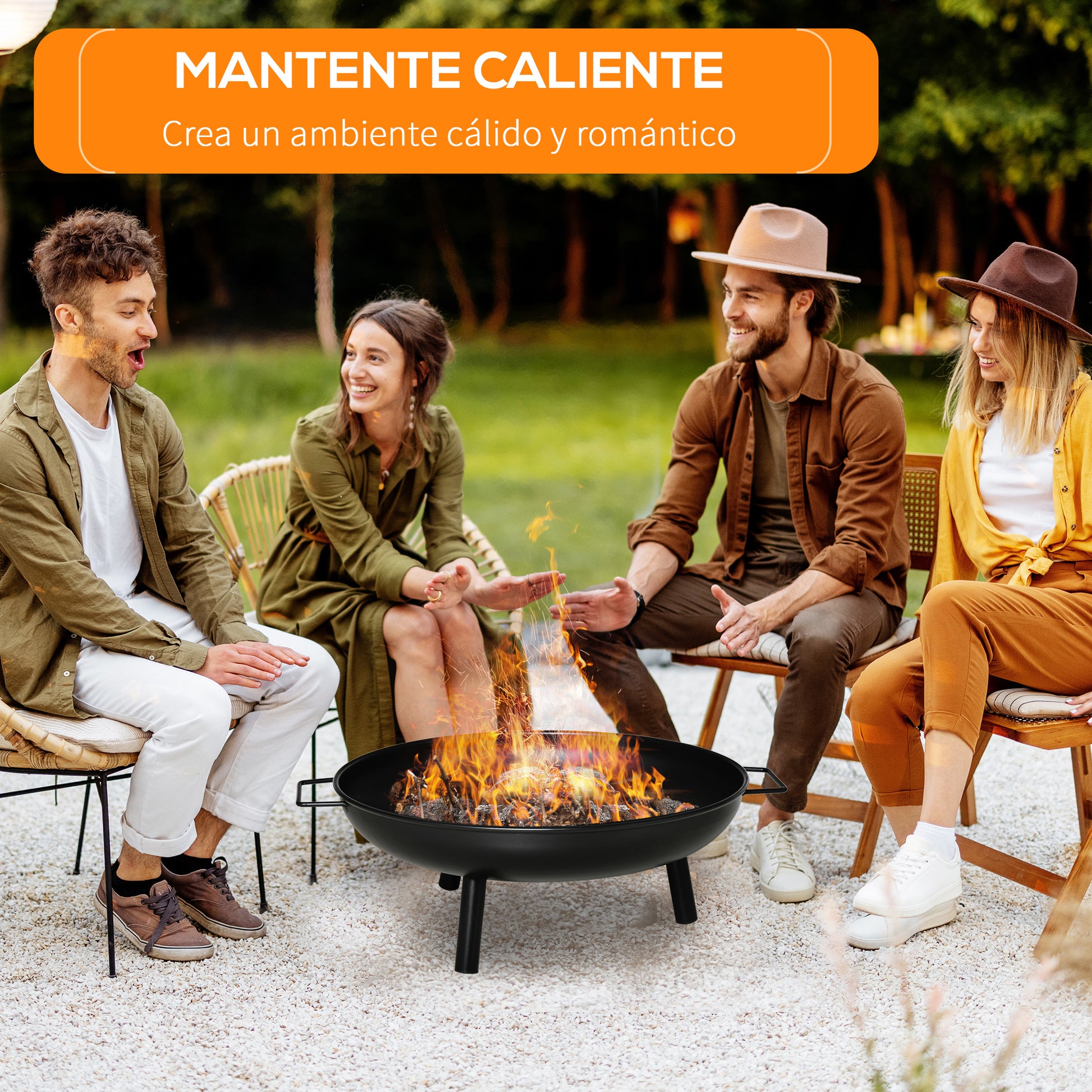 Outsunny Brasero Exterior Ø58x23 cm Cuenco de Fuego Redondo con Asas de Transporte 3 Pies y Marco de Metal para Hogueras Leñas Terraza Jardín al Aire Libre Negro