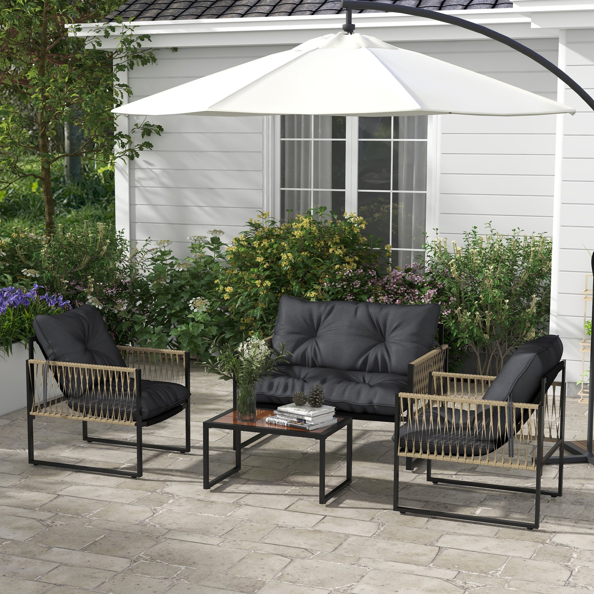 Outsunny Conjunto de Muebles de Jardín Exterior de Ratán Juego de 4 Piezas Muebles de Terraza con 1 Sofá de 2 Plazas 2 Sillones Cojines y 1 Mesa de Centro de Tablero de Vidrio para Patio Gris y Marrón