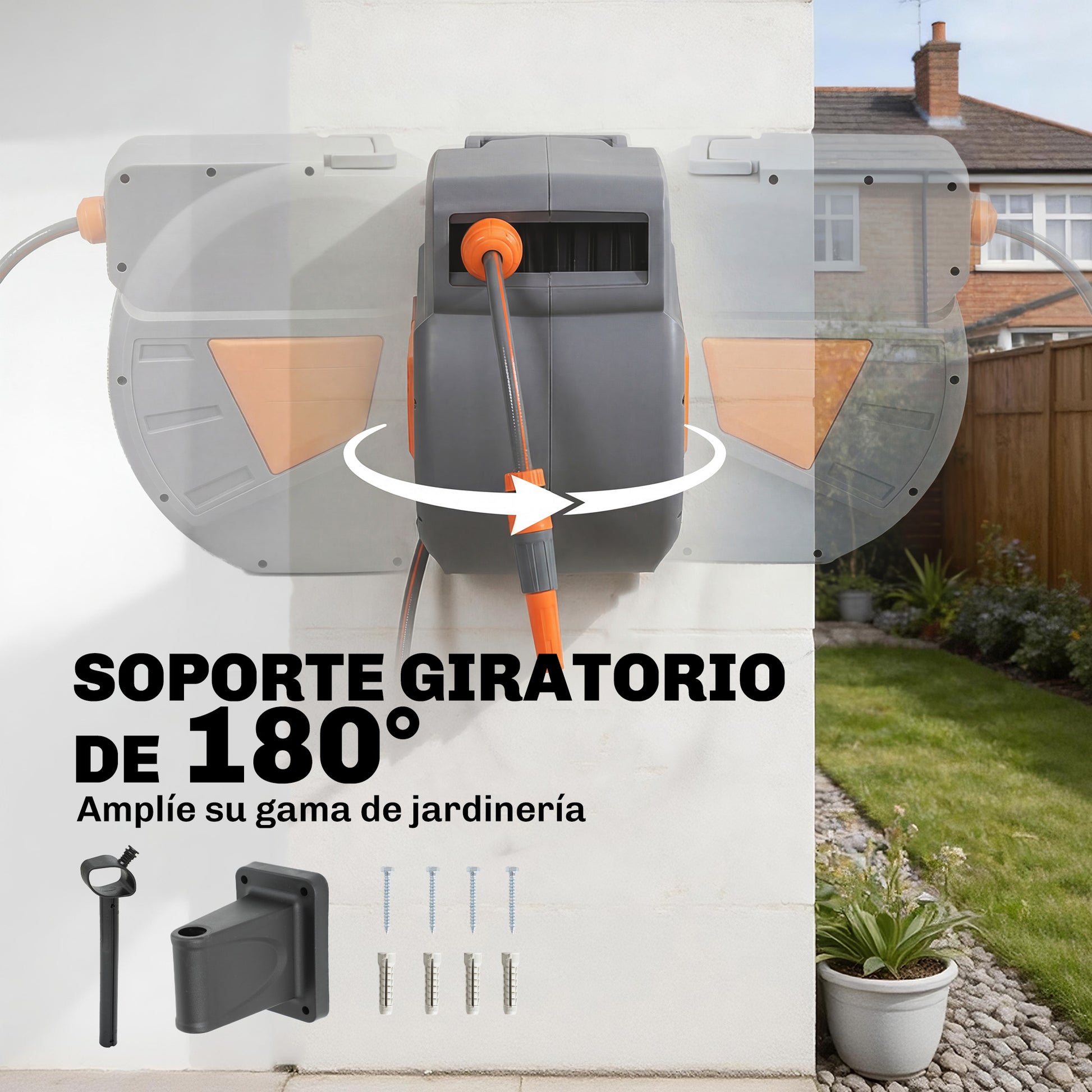 Outsunny Enrollador de Manguera para Jardín 30+2 m con Boquilla de 2 Modos, Carrete de Manguera de Jardín de Pared con Bloqueo Automático y Retracción Controlada, Soporte Orientable 180°, Naranja