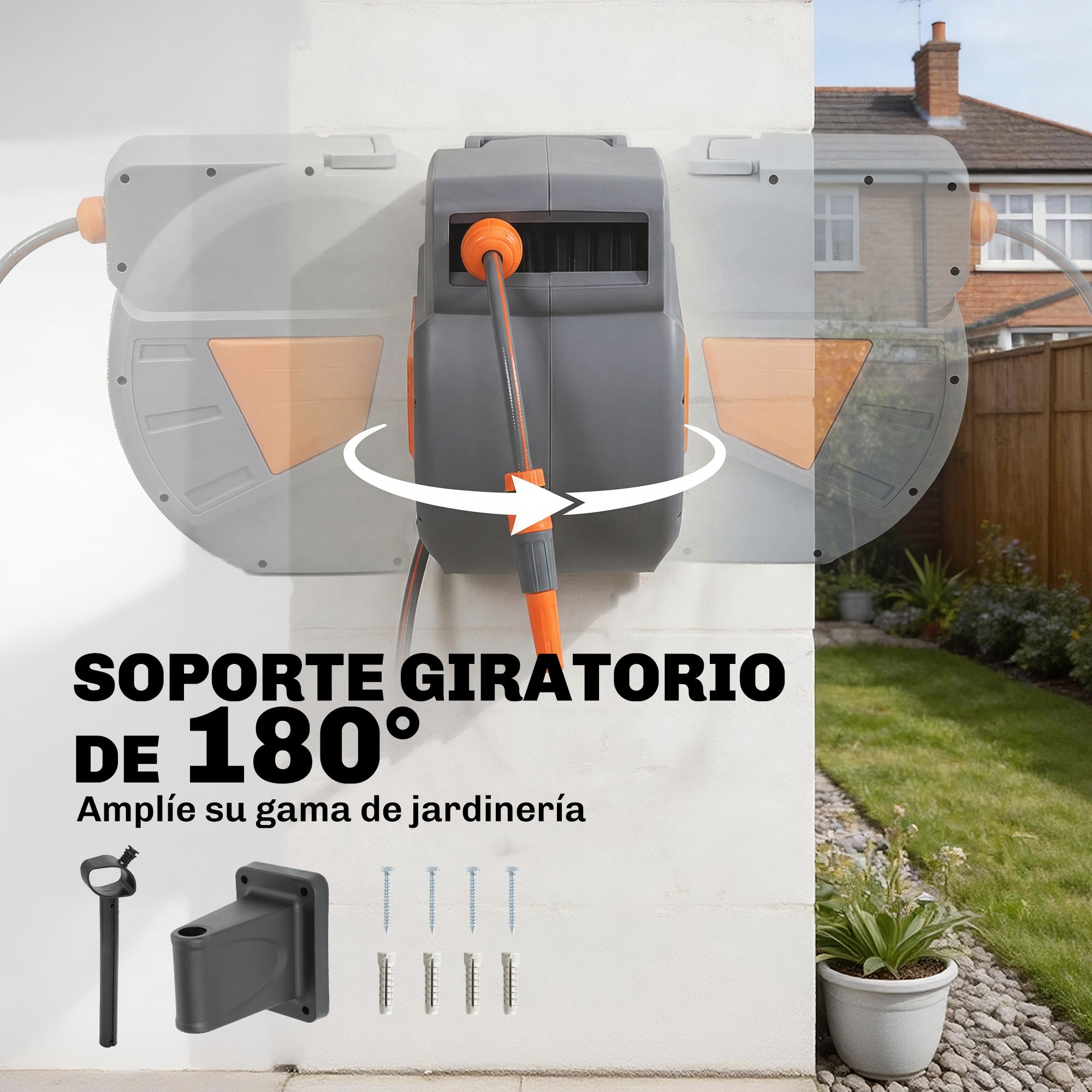 Outsunny Enrollador de Manguera para Jardín 30+2 m con Boquilla de 2 Modos, Carrete de Manguera de Jardín de Pared con Bloqueo Automático y Retracción Controlada, Soporte Orientable 180°, Naranja