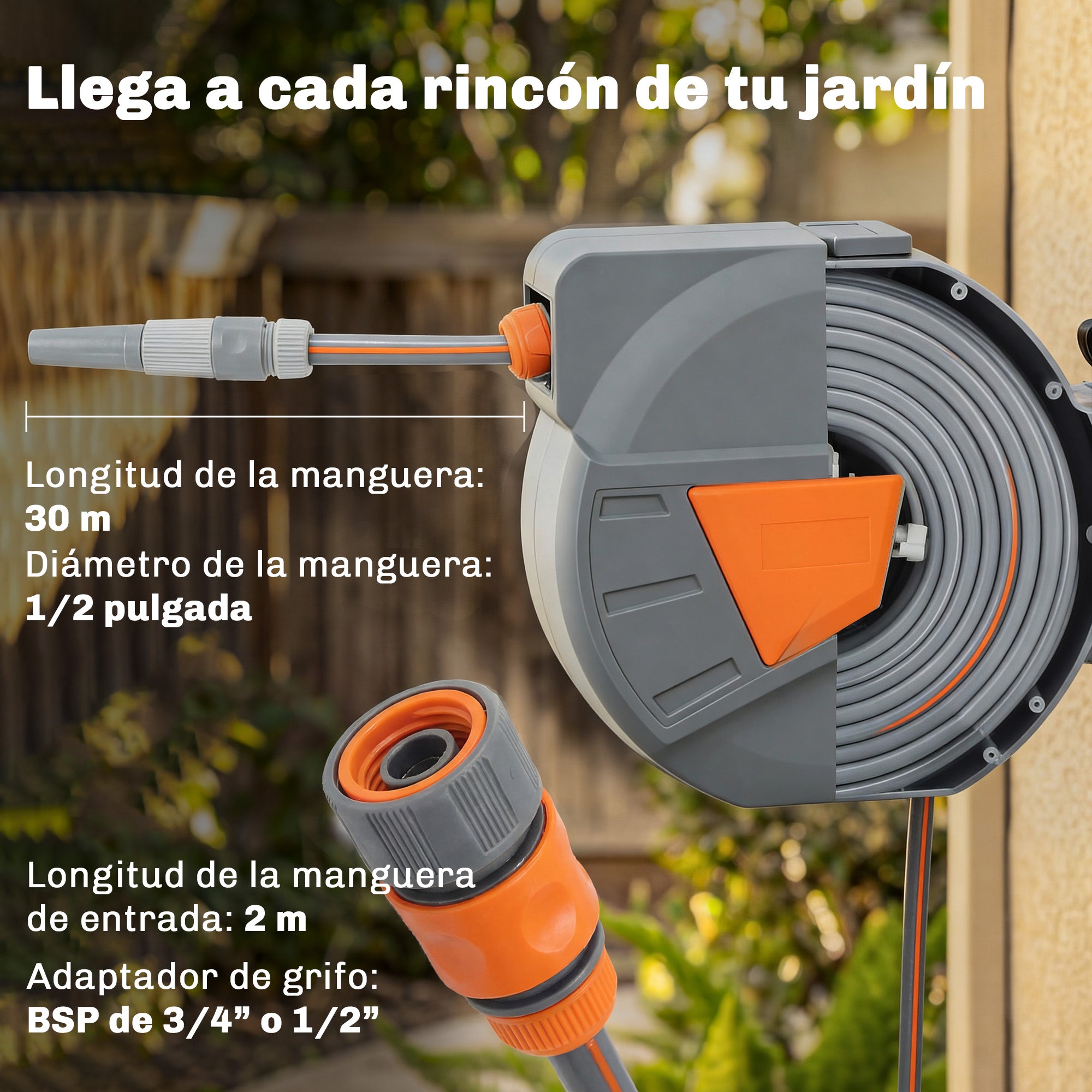 Outsunny Enrollador de Manguera para Jardín 30+2 m con Boquilla de 2 Modos, Carrete de Manguera de Jardín de Pared con Bloqueo Automático y Retracción Controlada, Soporte Orientable 180°, Naranja
