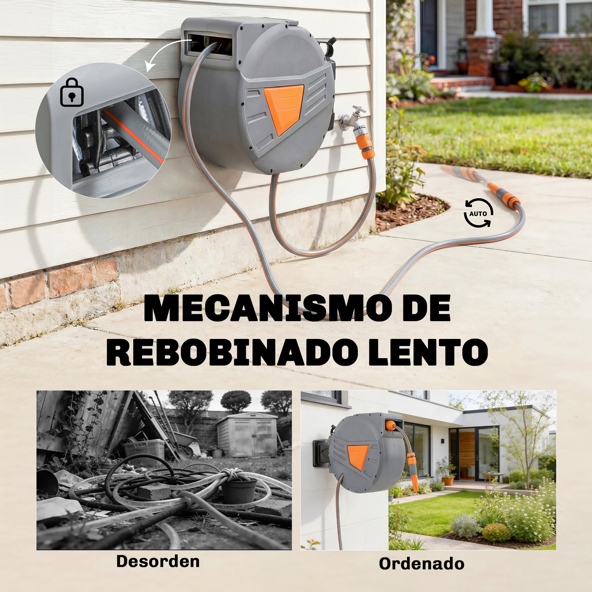 Outsunny Enrollador de Manguera para Jardín 30+2 m con Boquilla de 2 Modos, Carrete de Manguera de Jardín de Pared con Bloqueo Automático y Retracción Controlada, Soporte Orientable 180°, Naranja