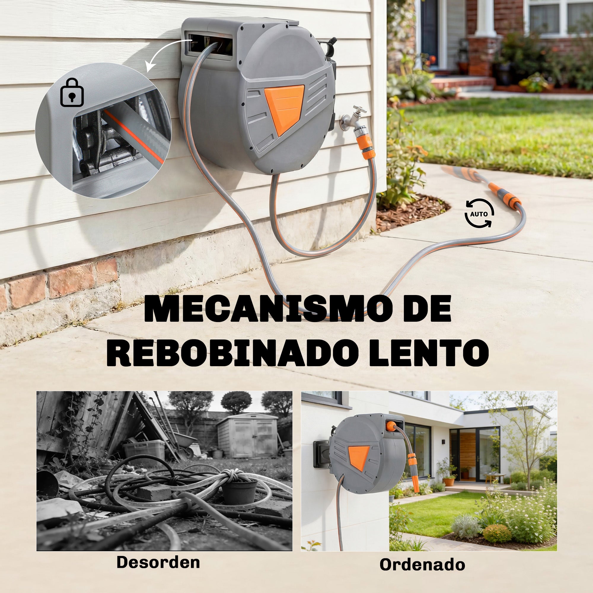 Outsunny Enrollador de Manguera para Jardín 30+2 m con Boquilla de 2 Modos, Carrete de Manguera de Jardín de Pared con Bloqueo Automático y Retracción Controlada, Soporte Orientable 180°, Naranja