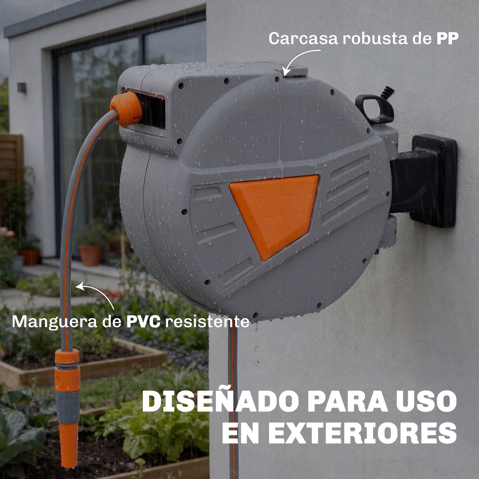 Outsunny Enrollador de Manguera para Jardín 30+2 m con Boquilla de 2 Modos, Carrete de Manguera de Jardín de Pared con Bloqueo Automático y Retracción Controlada, Soporte Orientable 180°, Naranja