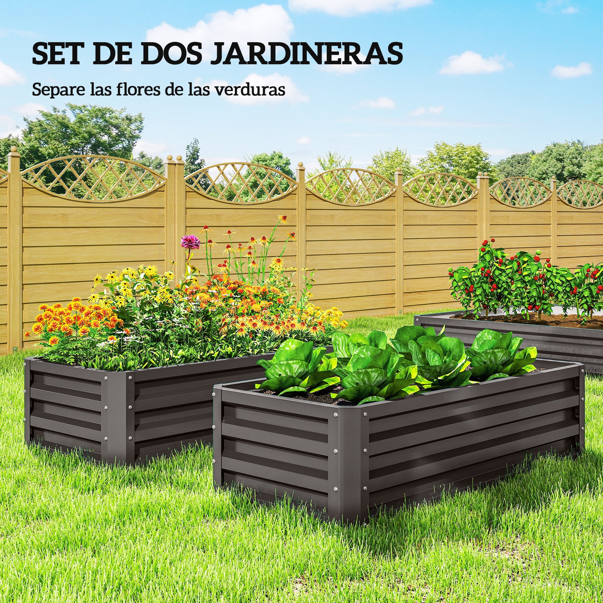 Outsunny Juego de 2 Jardineras Exterior Grandes de Acero Galvanizado, Huertos Urbanos, Maceteros Exterior Elevados para Plantas, Flores, Terraza, Jardín, Resistente a la Intemperie, 110x50x30 cm, Gris