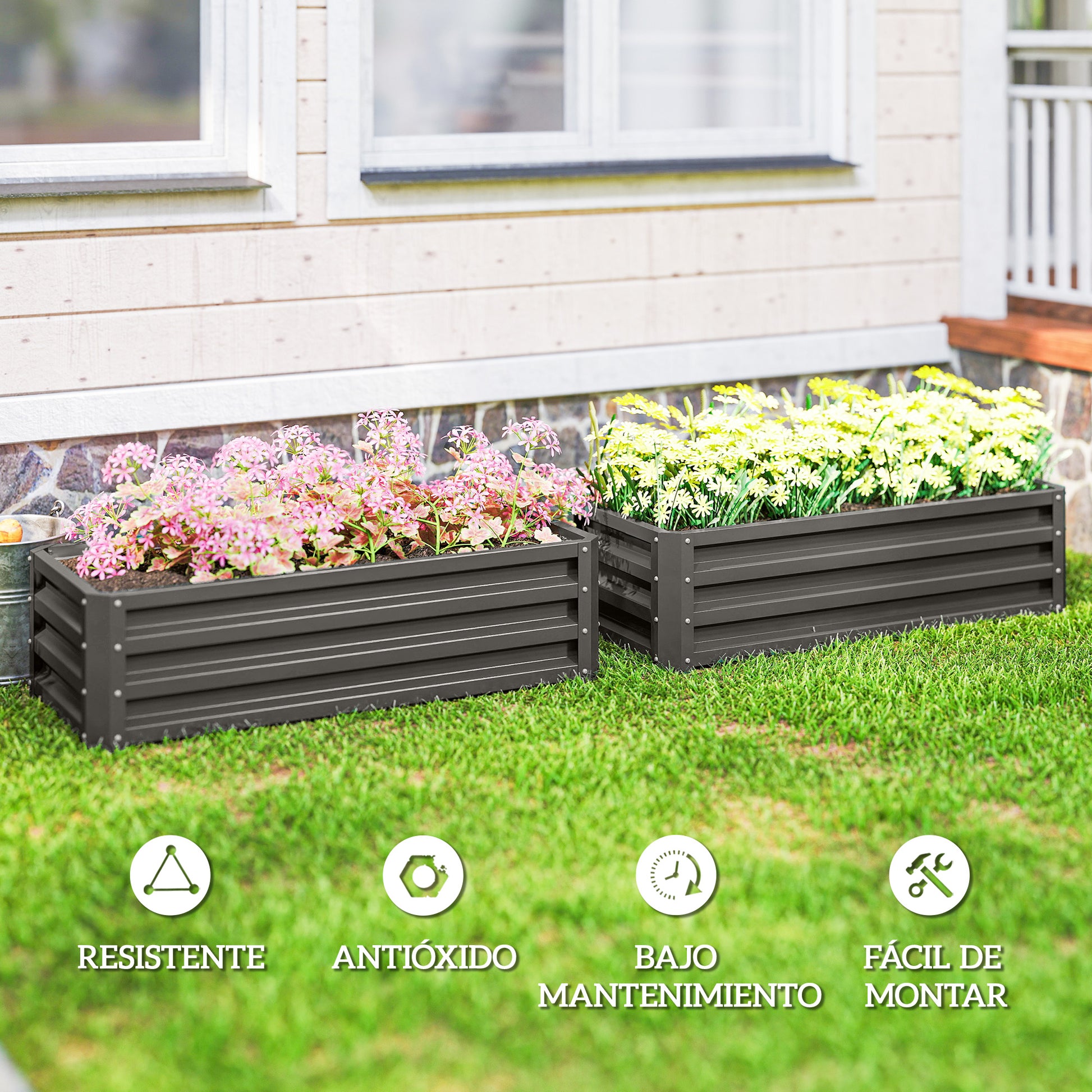 Outsunny Juego de 2 Jardineras Exterior Grandes de Acero Galvanizado, Huertos Urbanos, Maceteros Exterior Elevados para Plantas, Flores, Terraza, Jardín, Resistente a la Intemperie, 110x50x30 cm, Gris