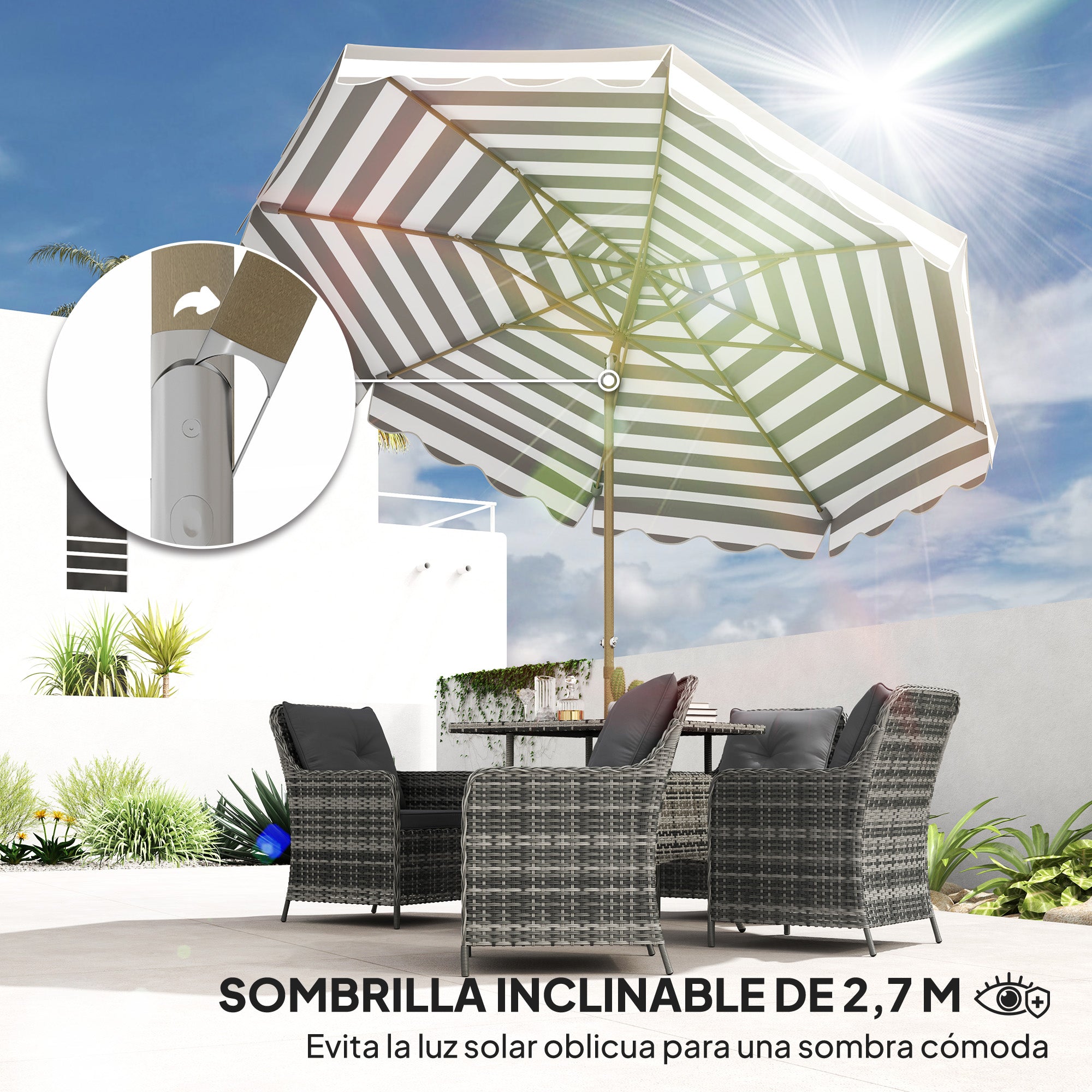Outsunny Sombrilla Terraza Exterior Ø268 cm Sombrilla de Jardín con Ángulo Inclinable y Manivela Protección UV 50+ Parasol para Patio Terraza Gris y Blanco