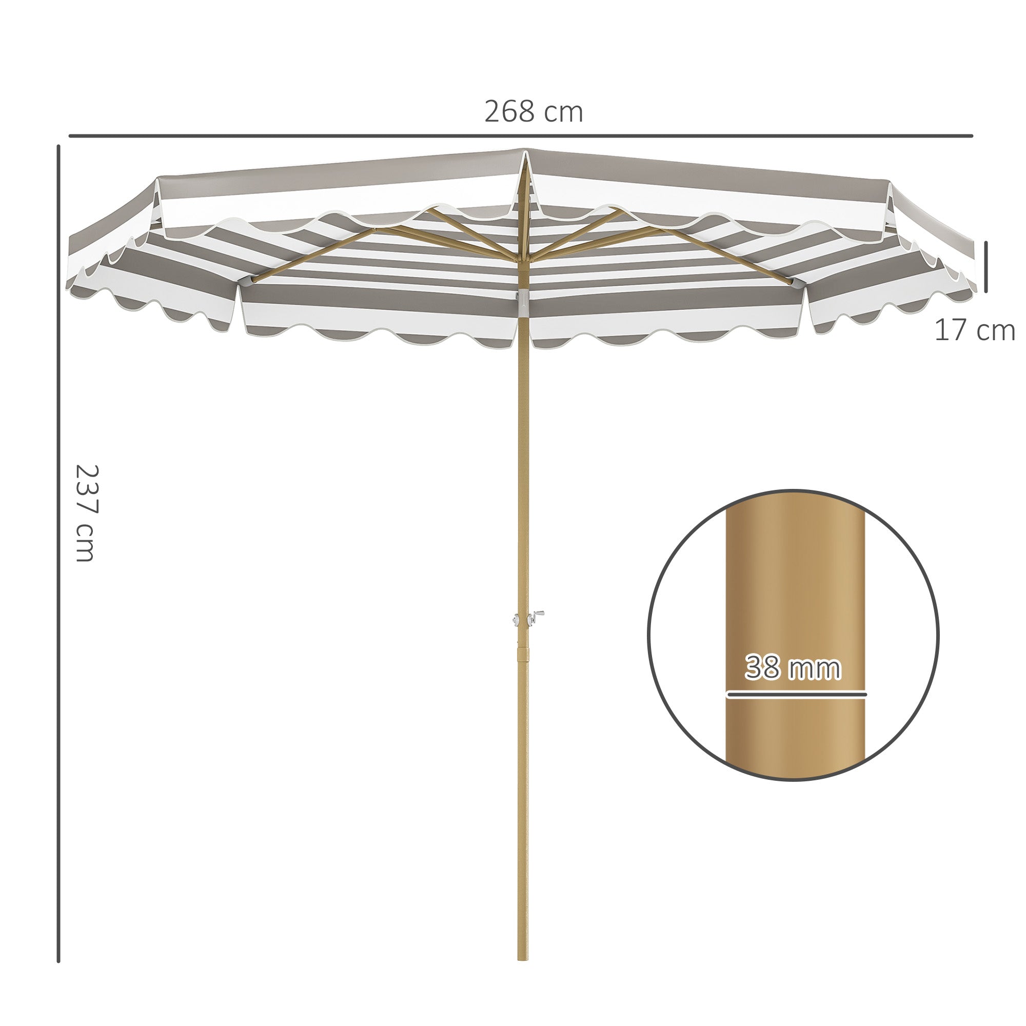 Outsunny Sombrilla Terraza Exterior Ø268 cm Sombrilla de Jardín con Ángulo Inclinable y Manivela Protección UV 50+ Parasol para Patio Terraza Gris y Blanco
