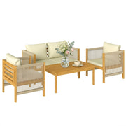 Outsunny Conjunto de Jardín Exterior de 4 Piezas, Muebles Jardín Exterior con Sofá de 2 Plazas, 2 Sillones, Mesa de Madera de Acacia, Cojines Acolchados y Decoración de Cuerda PP, para Terraza, Beige