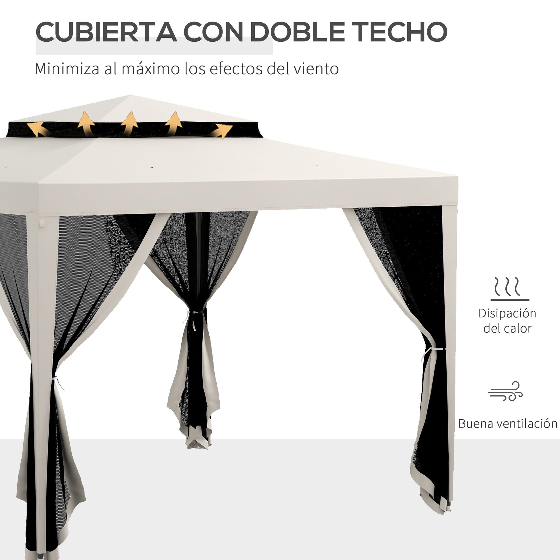 Outsunny Carpa de Jardín 3x3 m Cenador Desmontable de Exterior Gazebo con 4 Mosquiteras Laterales Techo Doble y Marco Metálico Anti-UV Impermeable Pabellón para Terraza Patio Crema