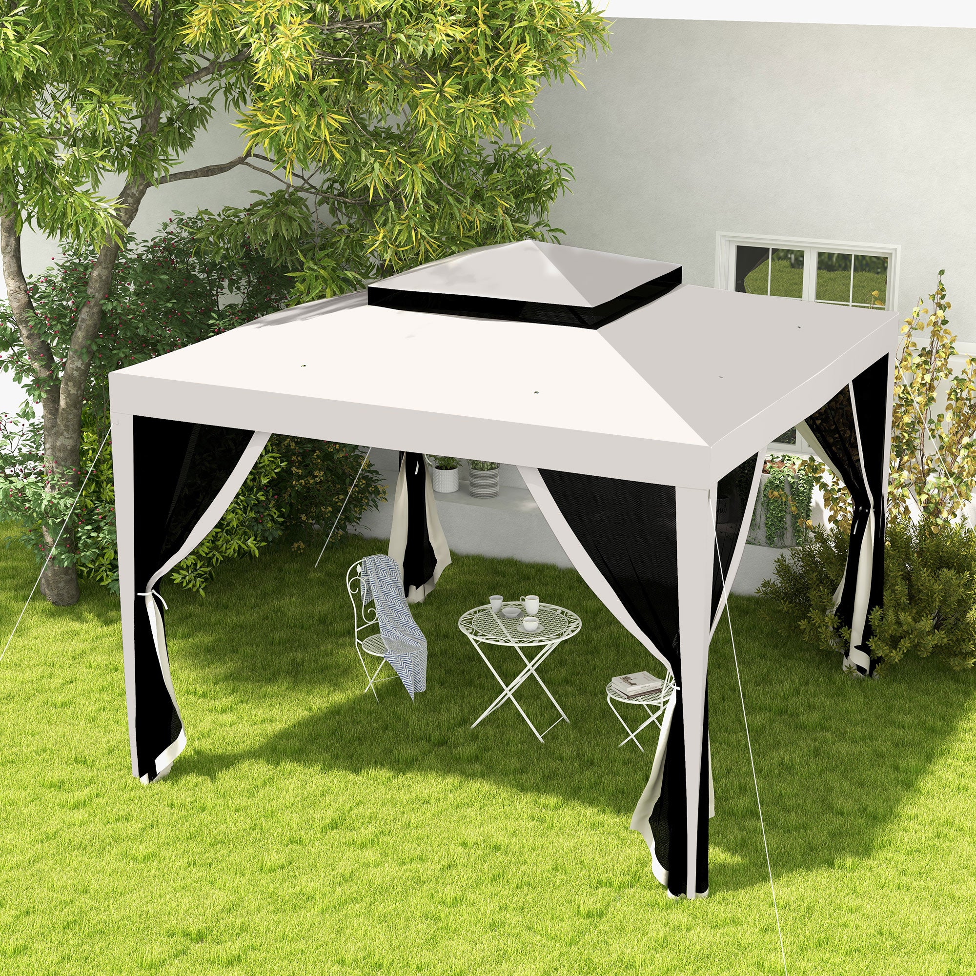 Outsunny Carpa de Jardín 3x3 m Cenador Desmontable de Exterior Gazebo con 4 Mosquiteras Laterales Techo Doble y Marco Metálico Anti-UV Impermeable Pabellón para Terraza Patio Crema