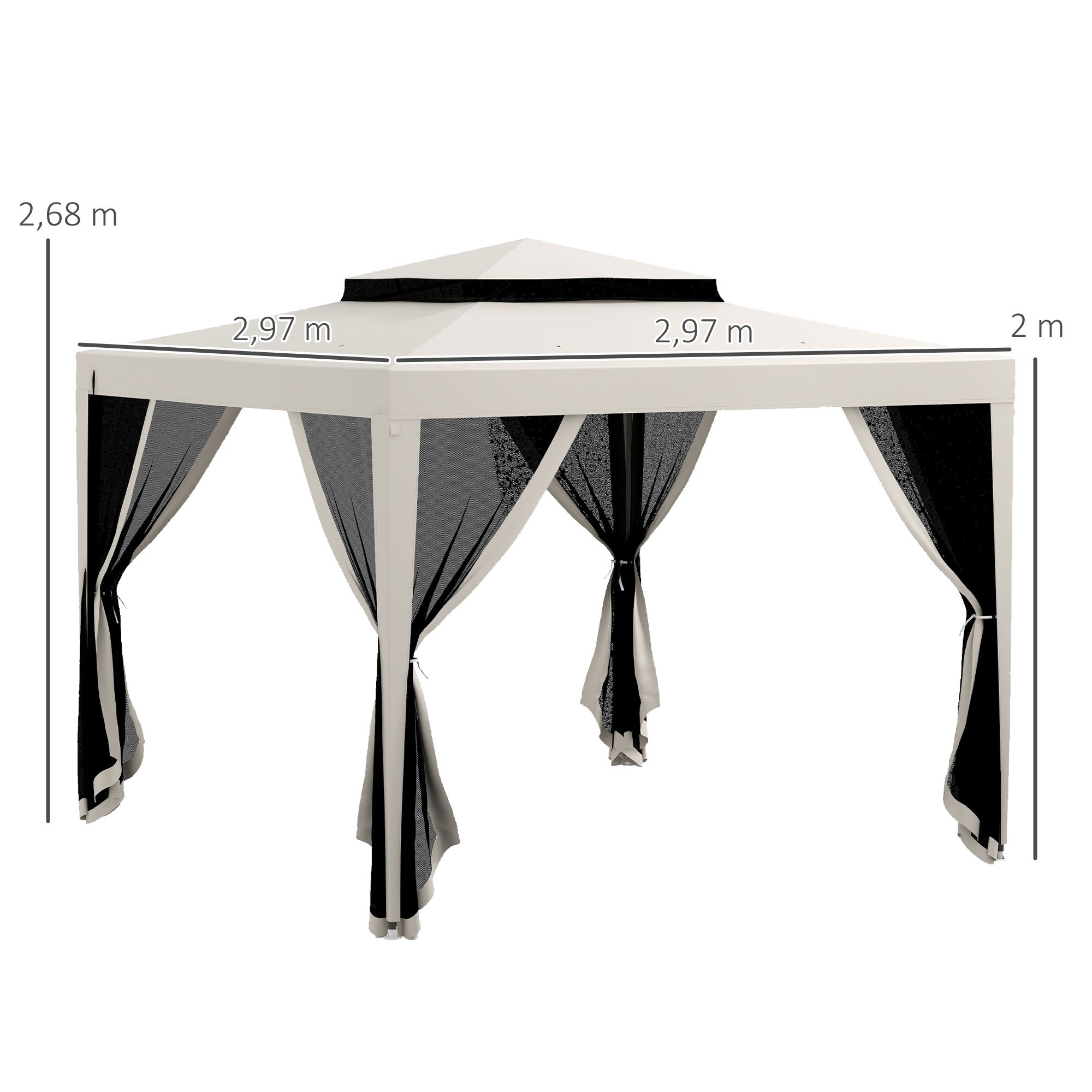 Outsunny Carpa de Jardín 3x3 m Cenador Desmontable de Exterior Gazebo con 4 Mosquiteras Laterales Techo Doble y Marco Metálico Anti-UV Impermeable Pabellón para Terraza Patio Crema