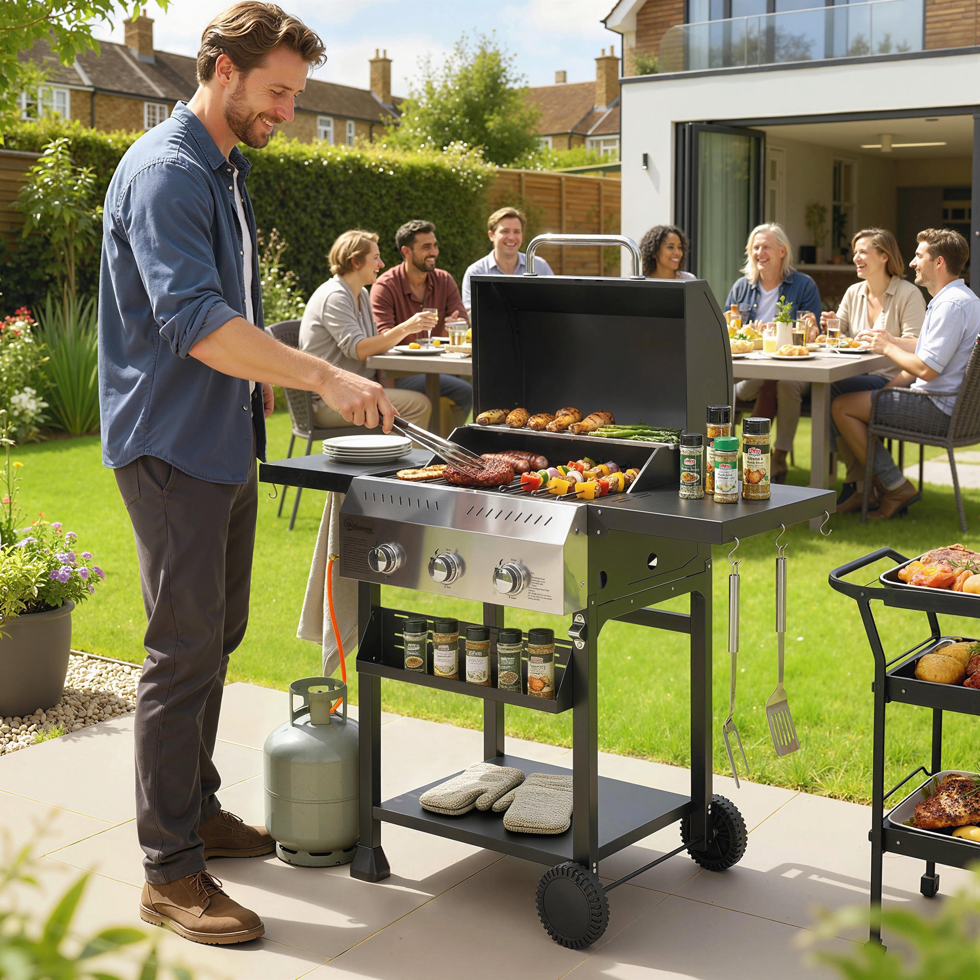 Outsunny Barbacoa de Gas BBQ Gas con 3 Quemadores 9 kW Barbacoa Portátil con Termómetro Mesas Laterales Plegables Estante Rejilla Calentadora Especiero Parrilla Recogedor Grasa 2 Ruedas Ganchos Negro