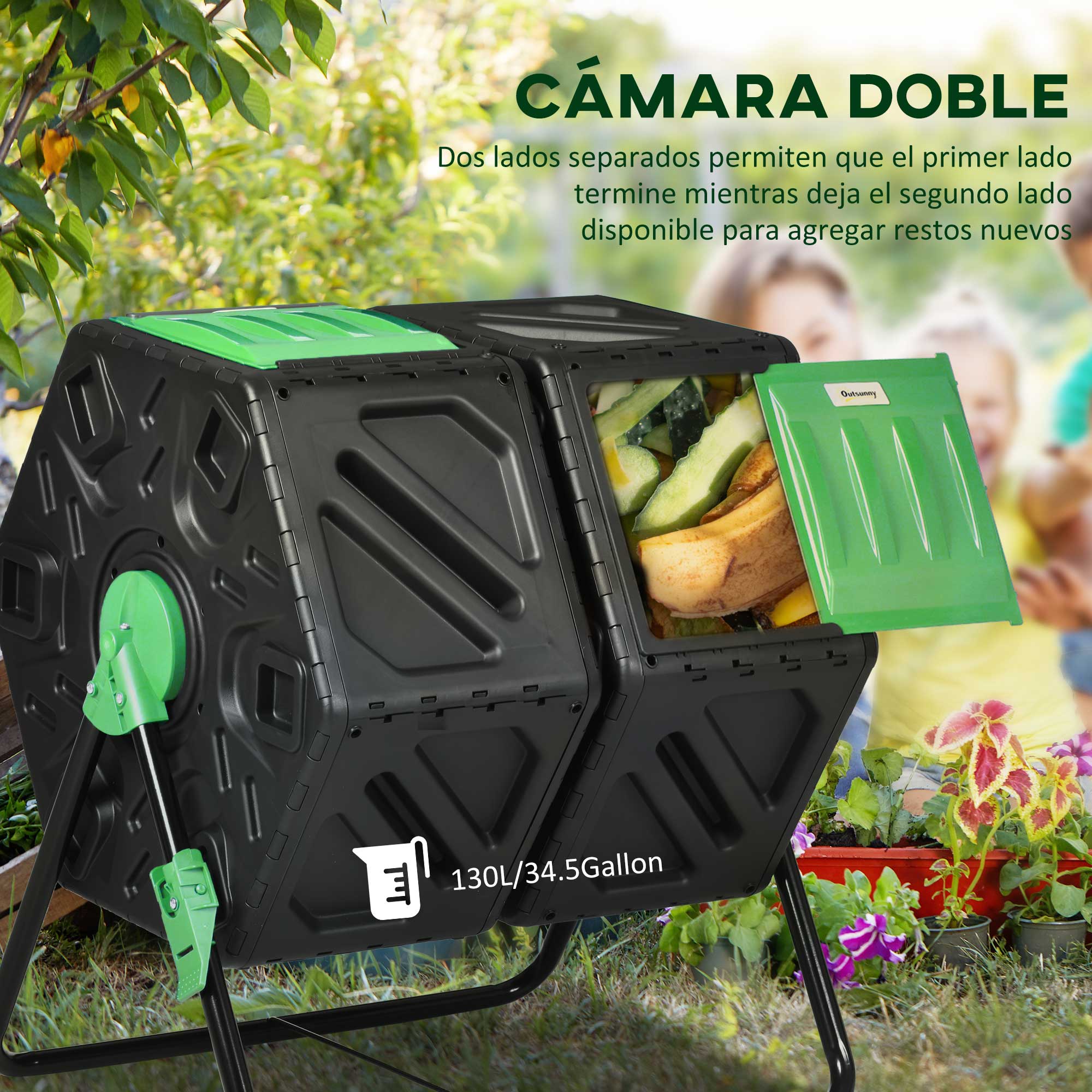 Outsunny Compostador Giratorio de 130L Contenedor de Compostaje de Jardín de Doble Cámara Compostadora con Aberturas de Ventilación y Patas de Acero 67x60x77 cm Negro