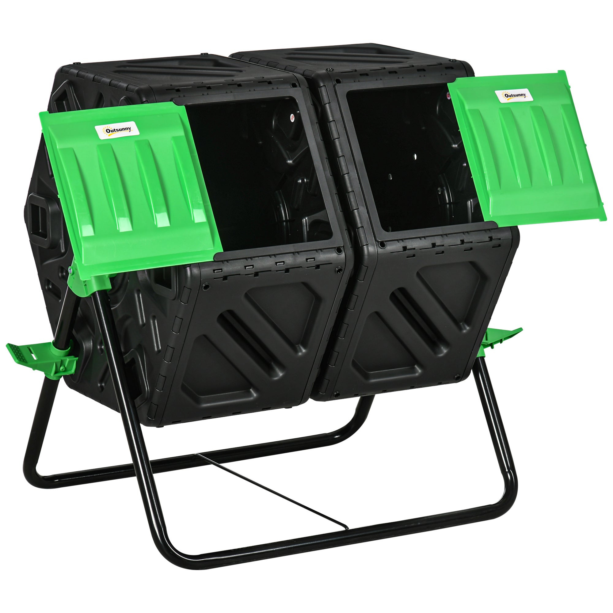 Outsunny Compostador Giratorio de 130L Contenedor de Compostaje de Jardín de Doble Cámara Compostadora con Aberturas de Ventilación y Patas de Acero 67x60x77 cm Negro