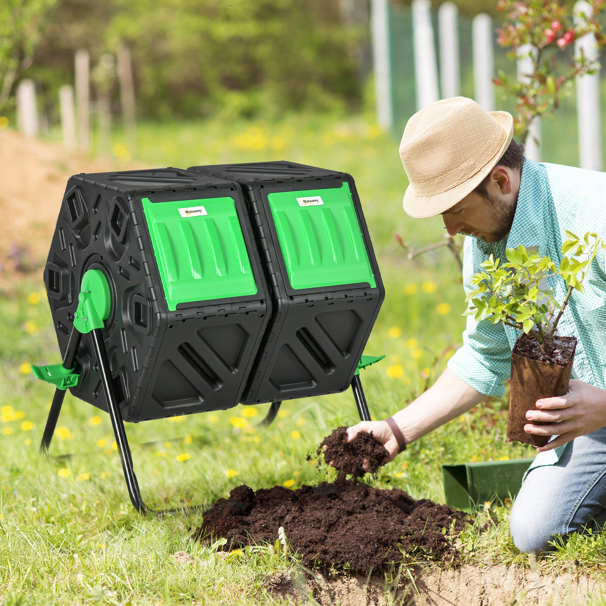 Outsunny Compostador Giratorio de 130L Contenedor de Compostaje de Jardín de Doble Cámara Compostadora con Aberturas de Ventilación y Patas de Acero 67x60x77 cm Negro