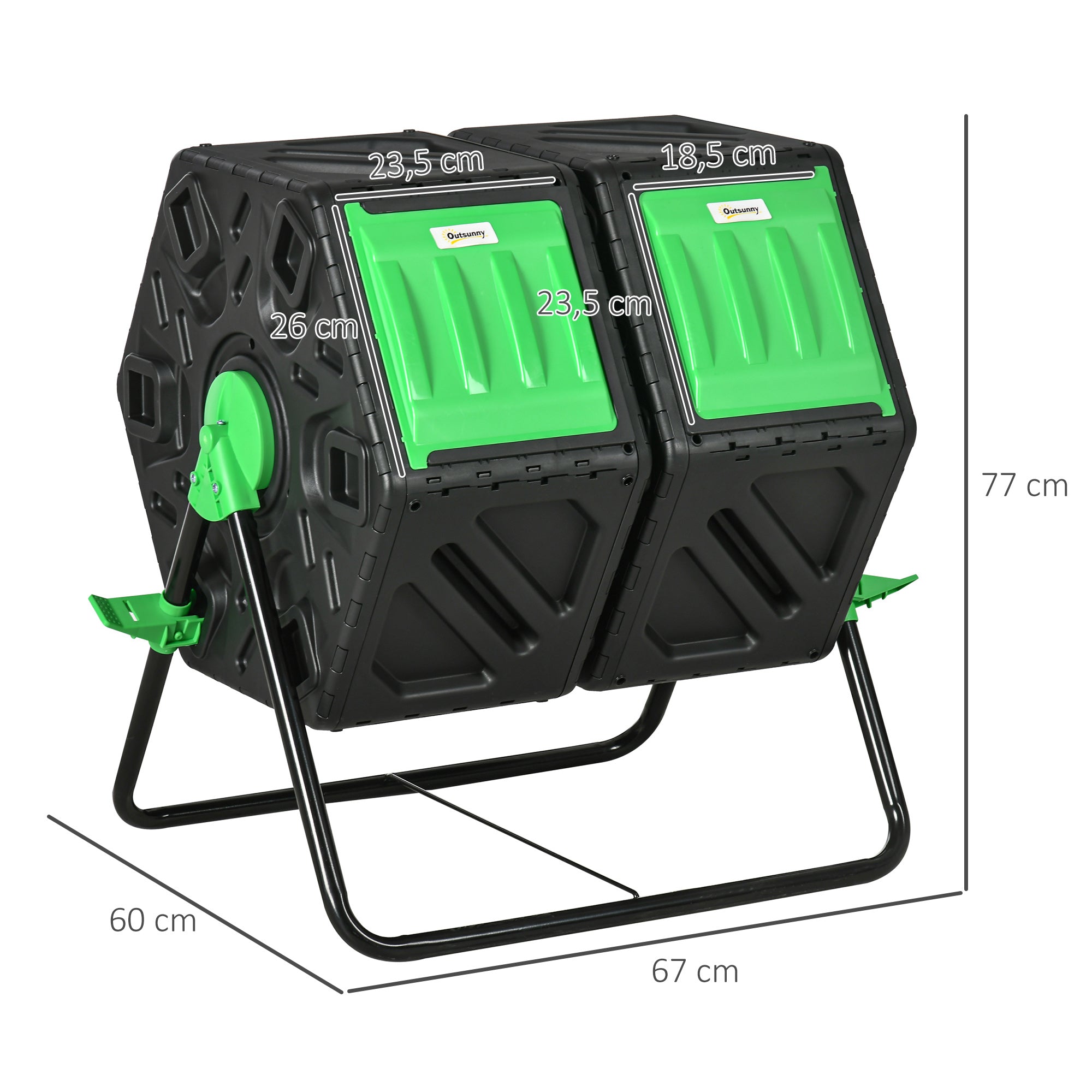 Outsunny Compostador Giratorio de 130L Contenedor de Compostaje de Jardín de Doble Cámara Compostadora con Aberturas de Ventilación y Patas de Acero 67x60x77 cm Negro