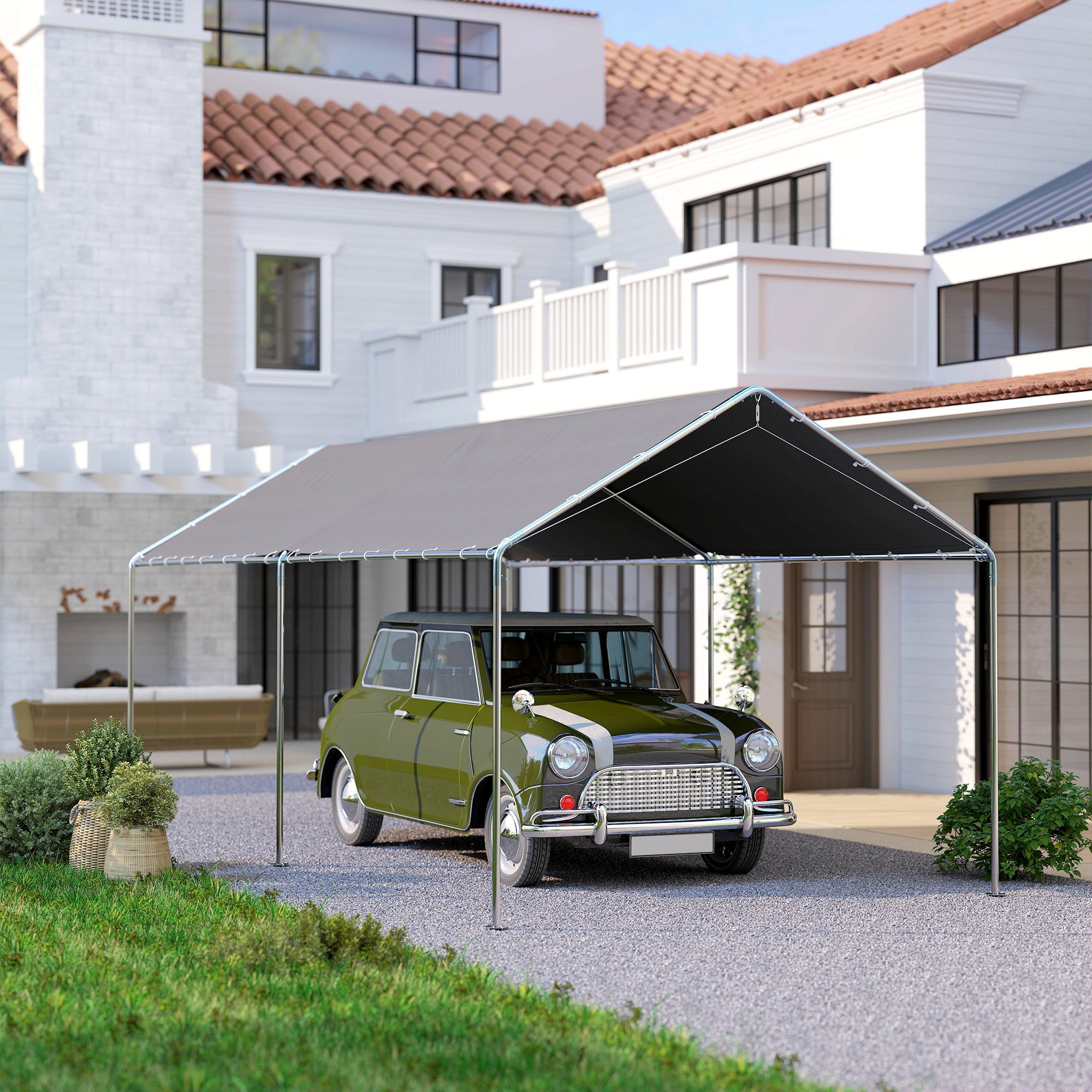 Outsunny Carpa Garaje para Coche 3x6 m, Cochera Exterior Portátil con Marco de Acero Galvanizado, Impermeable, Anti-UV, Pabellón Gazebo de Jardín con Accesorios, para Eventos, Fiestas, Gris