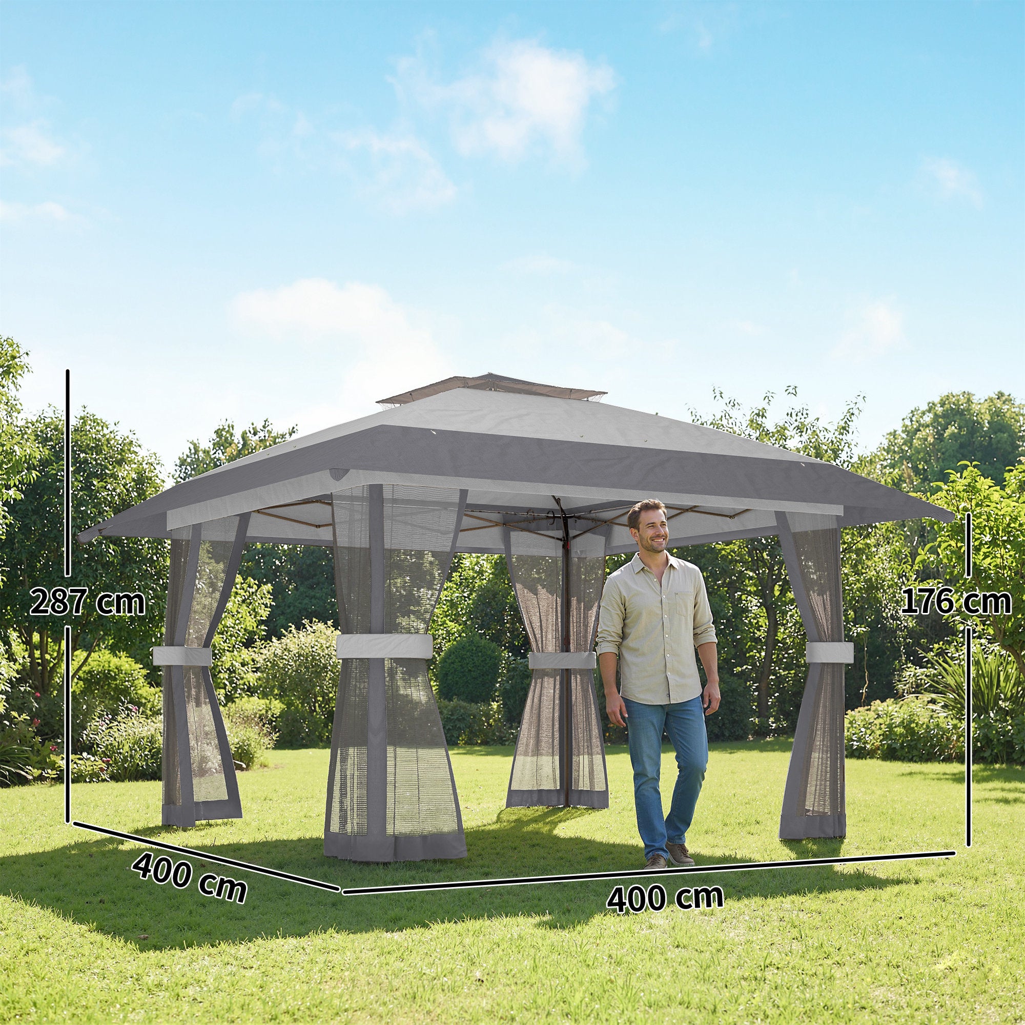 Outsunny Carpa Plegable 4x4 m, Pop-up, con Doble Techo, 4 Paredes Laterales de Malla, Cenador de Jardín con Altura Ajustable 3 Niveles, Bolsa de Transporte, UPF30+, Gazebo para Camping, Fiestas, Gris