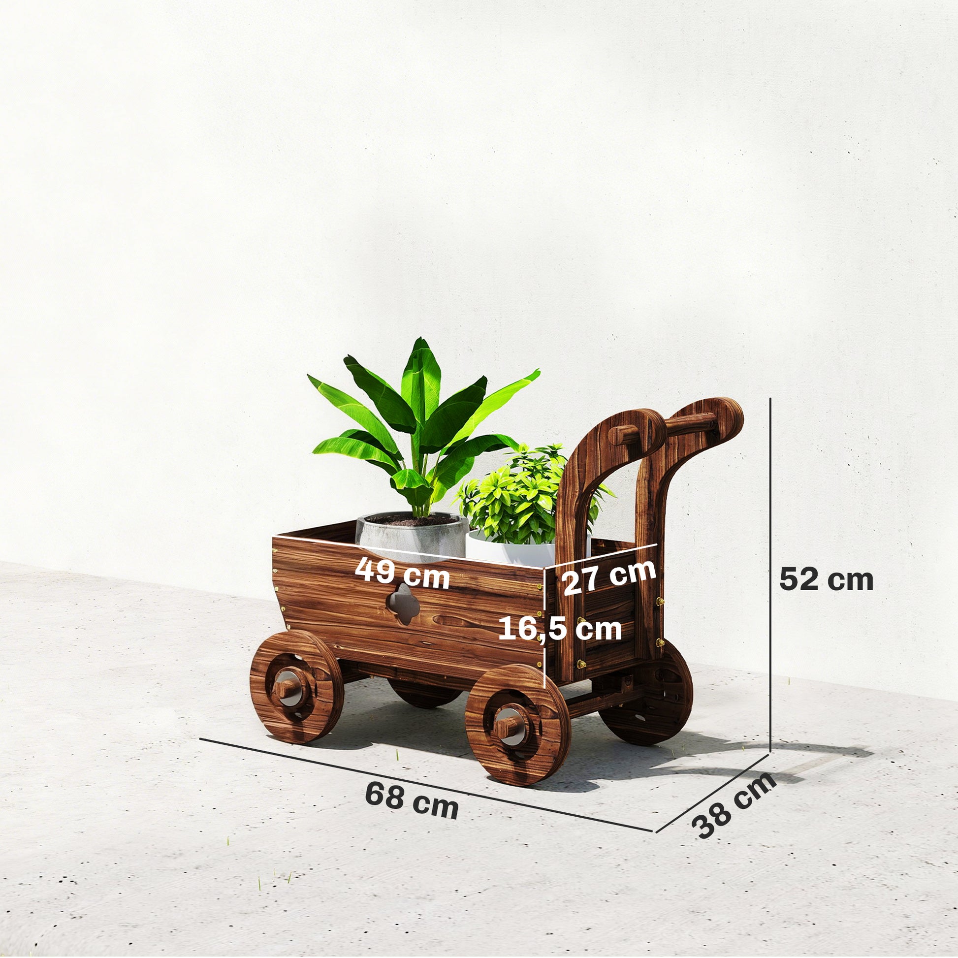 Outsunny Carretilla de Madera Decorativa, Jardinera Elevada con 4 Ruedas, Asa, Orificios de Drenaje, Macetero Exterior para Cultivos de Plantas, Flores en Terraza, Jardín, 68x38x52 cm, Carbonizado
