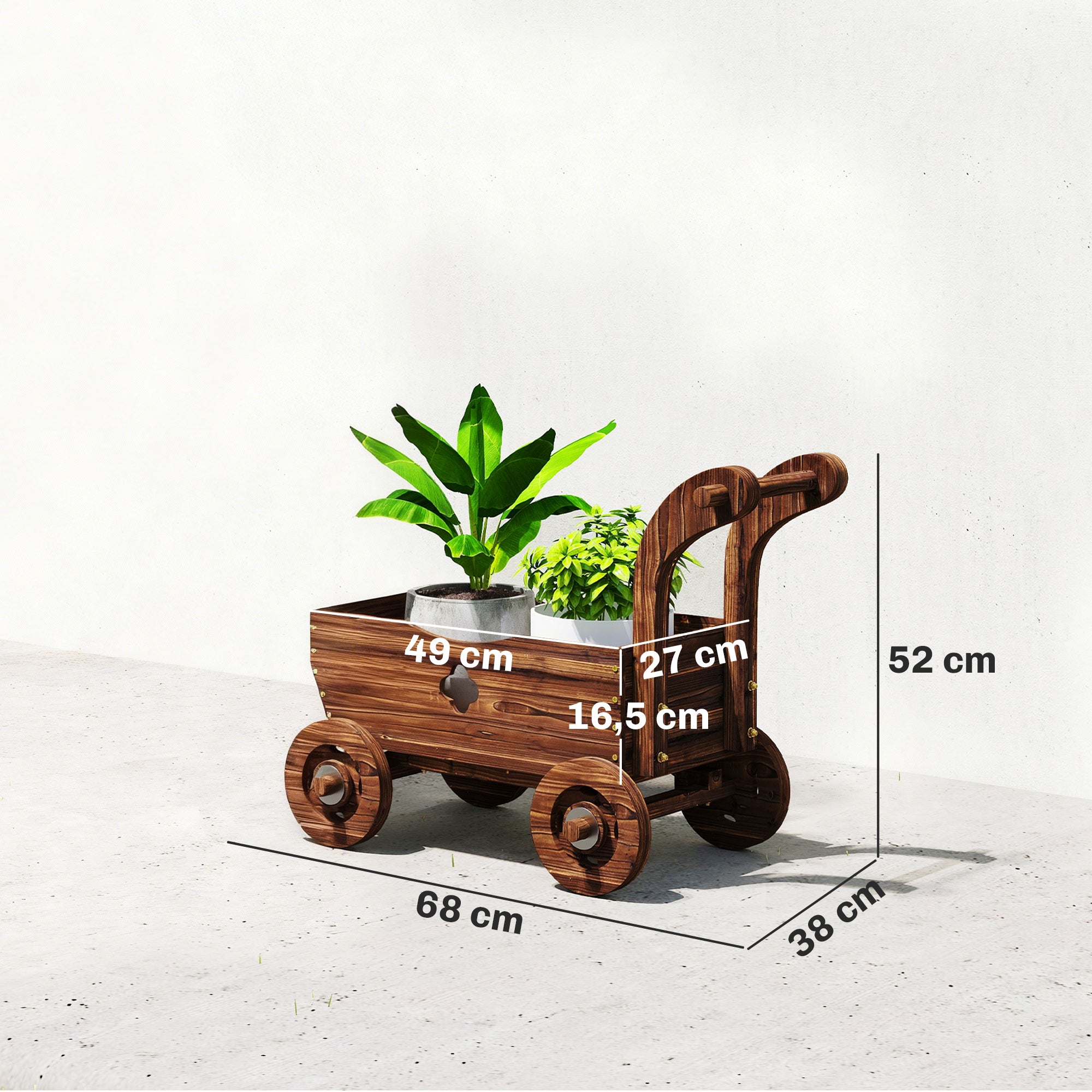 Outsunny Carretilla de Madera Decorativa, Jardinera Elevada con 4 Ruedas, Asa, Orificios de Drenaje, Macetero Exterior para Cultivos de Plantas, Flores en Terraza, Jardín, 68x38x52 cm, Carbonizado