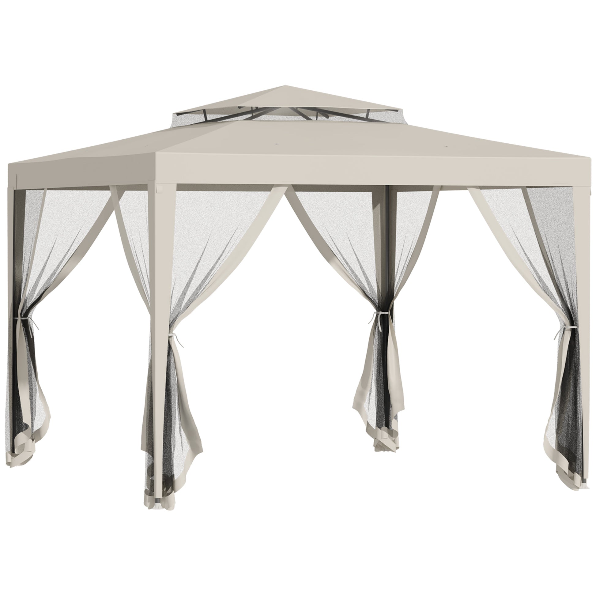 Outsunny Carpa de Jardín 3x3 m Cenador Desmontable de Exterior Gazebo con 4 Mosquiteras Laterales Techo Doble y Marco Metálico Anti-UV Impermeable Pabellón para Terraza Patio Beige