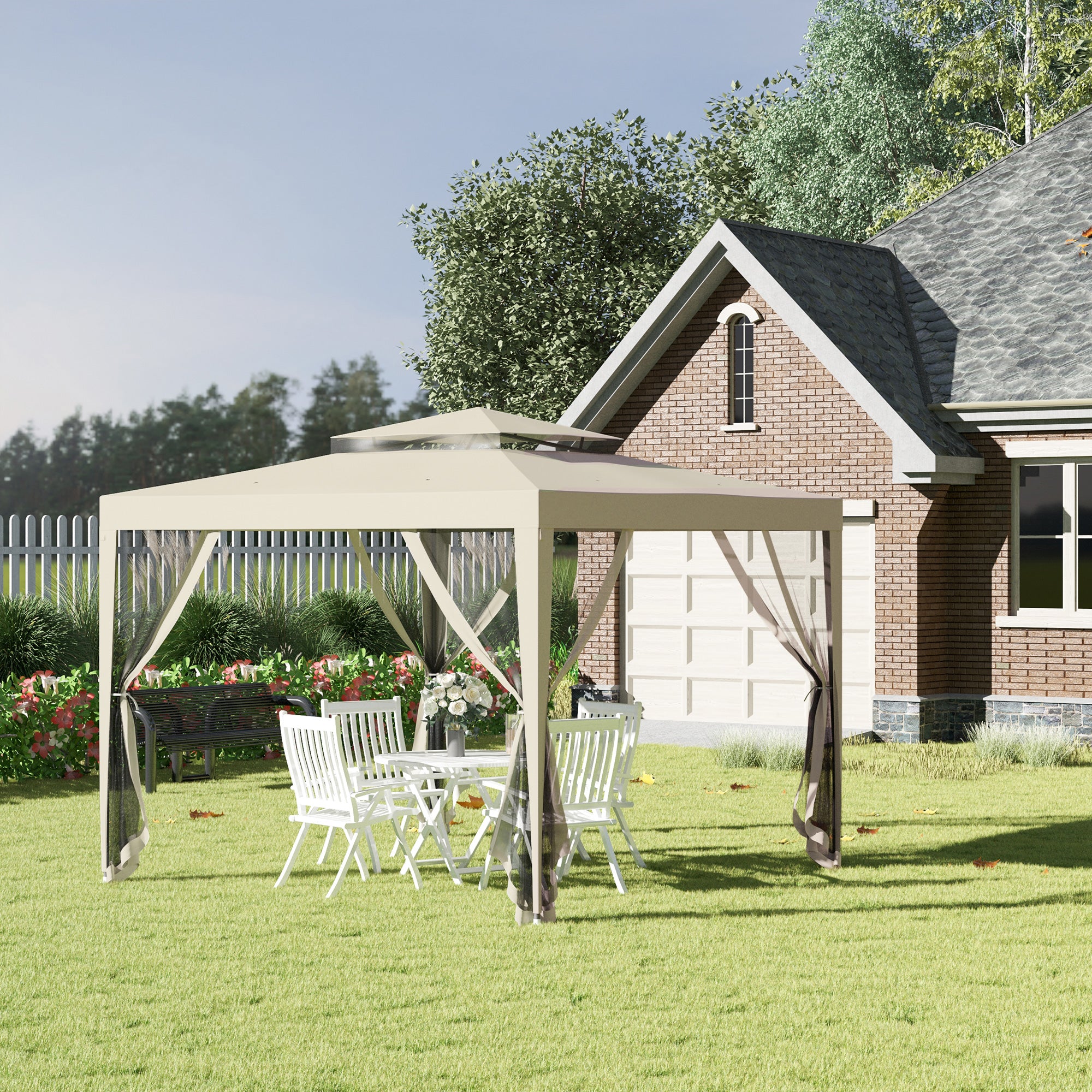 Outsunny Carpa de Jardín 3x3 m Cenador Desmontable de Exterior Gazebo con 4 Mosquiteras Laterales Techo Doble y Marco Metálico Anti-UV Impermeable Pabellón para Terraza Patio Beige