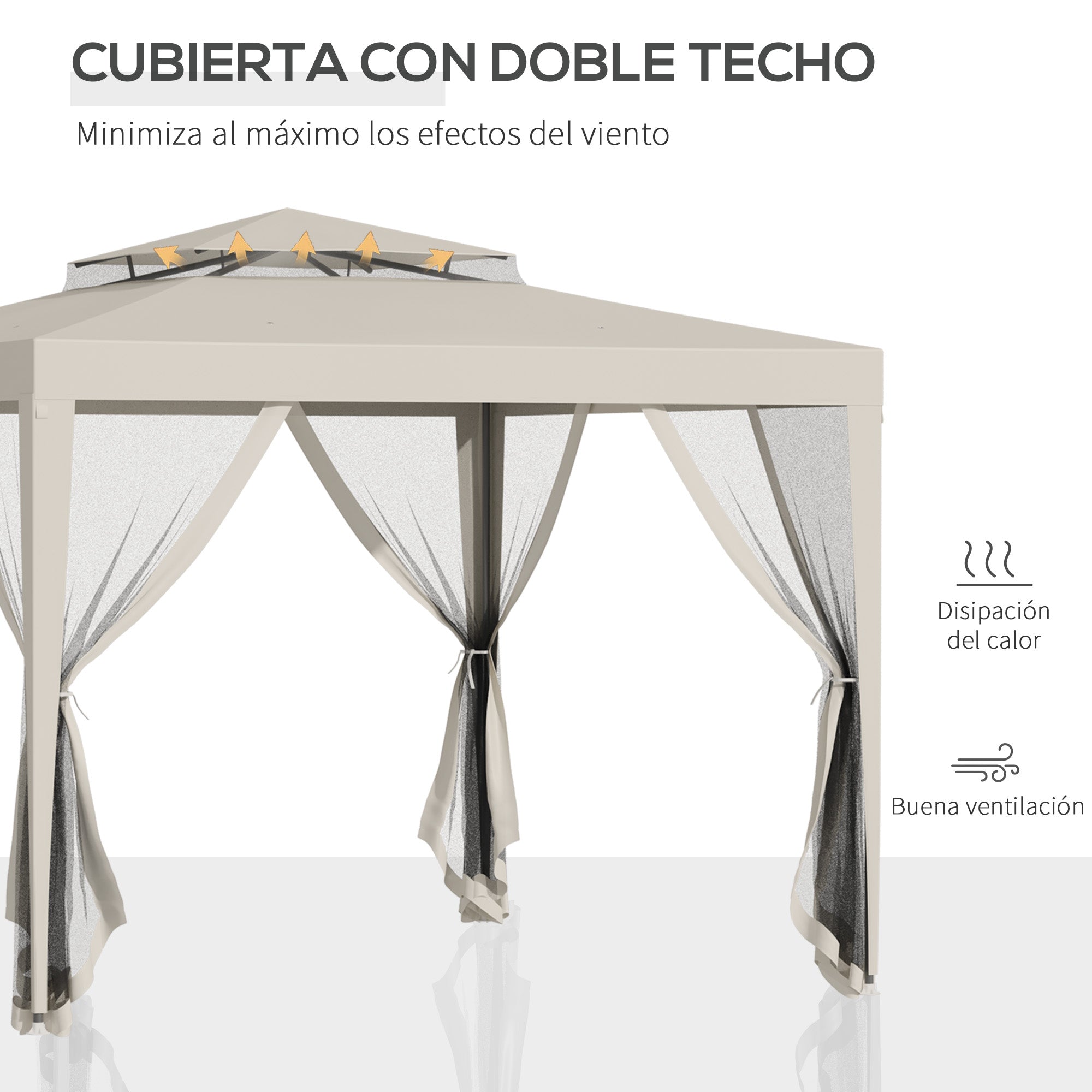 Outsunny Carpa de Jardín 3x3 m Cenador Desmontable de Exterior Gazebo con 4 Mosquiteras Laterales Techo Doble y Marco Metálico Anti-UV Impermeable Pabellón para Terraza Patio Beige