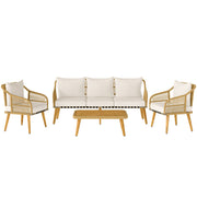 Outsunny Conjunto Jardín Exterior de Ratán con Cojines Conjunto Terraza Resistente a la Intemperie Muebles Jardín Exterior con 2 Sillones Sofá de 3 Plazas Mesa Patas de Madera de Acacia Natural