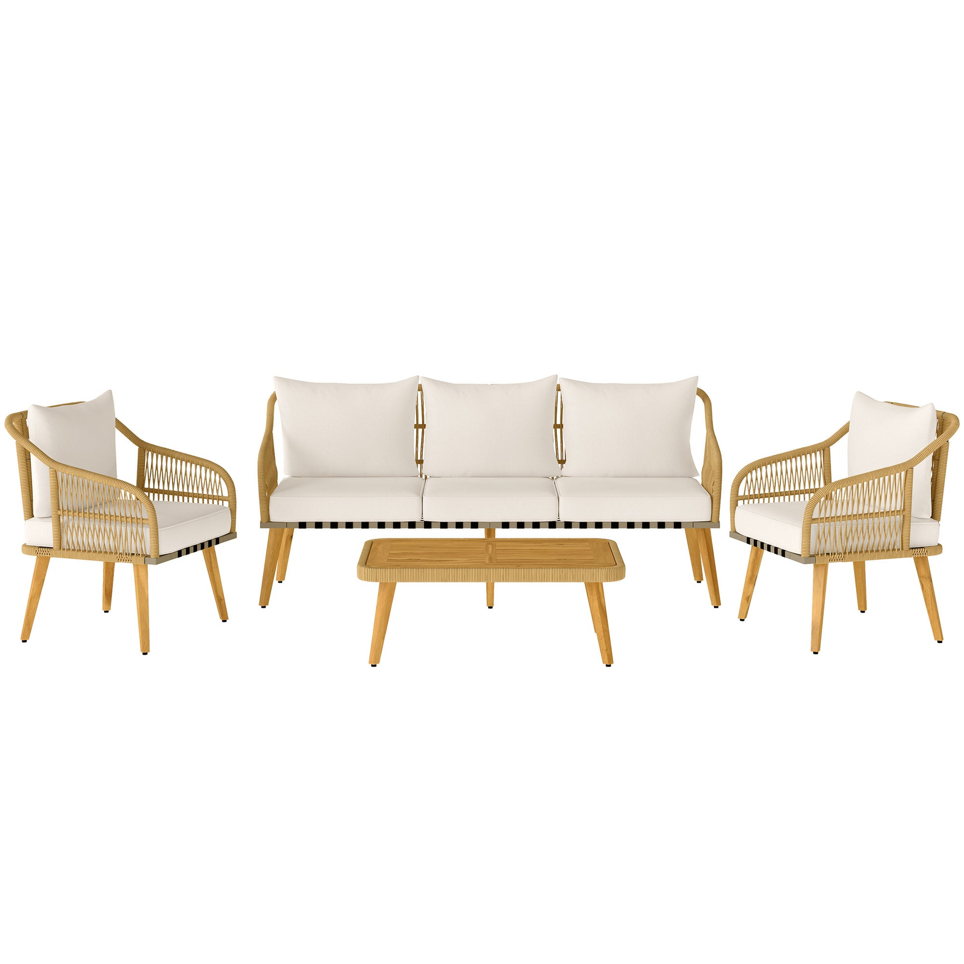 Outsunny Conjunto Jardín Exterior de Ratán con Cojines Conjunto Terraza Resistente a la Intemperie Muebles Jardín Exterior con 2 Sillones Sofá de 3 Plazas Mesa Patas de Madera de Acacia Natural