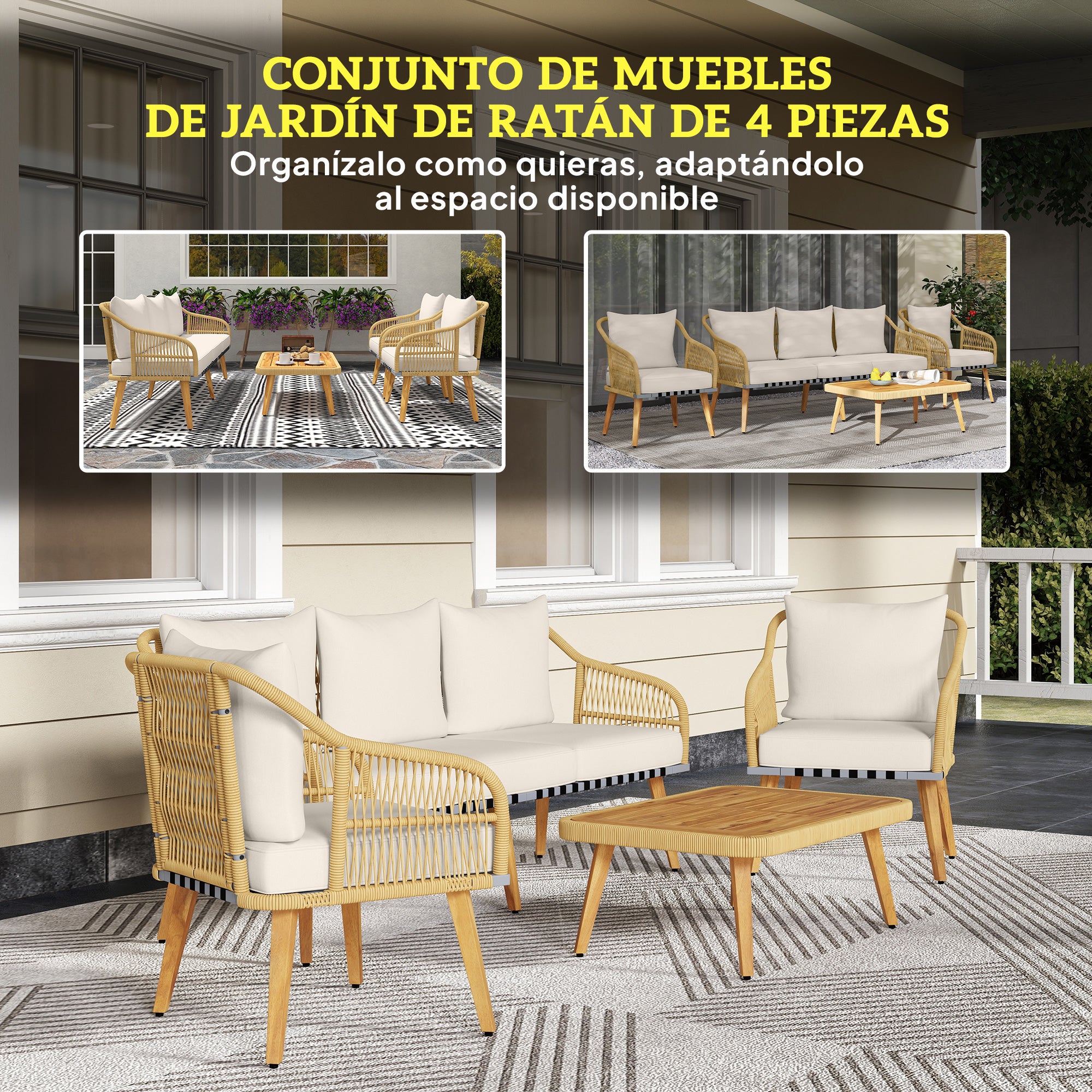 Outsunny Conjunto Jardín Exterior de Ratán con Cojines Conjunto Terraza Resistente a la Intemperie Muebles Jardín Exterior con 2 Sillones Sofá de 3 Plazas Mesa Patas de Madera de Acacia Natural
