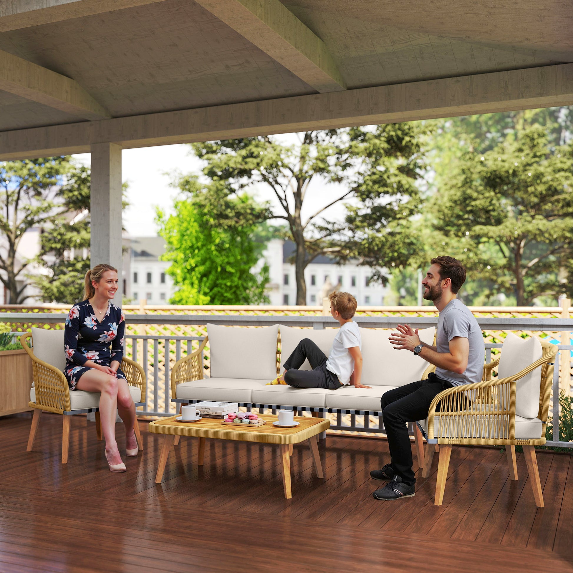 Outsunny Conjunto Jardín Exterior de Ratán con Cojines Conjunto Terraza Resistente a la Intemperie Muebles Jardín Exterior con 2 Sillones Sofá de 3 Plazas Mesa Patas de Madera de Acacia Natural