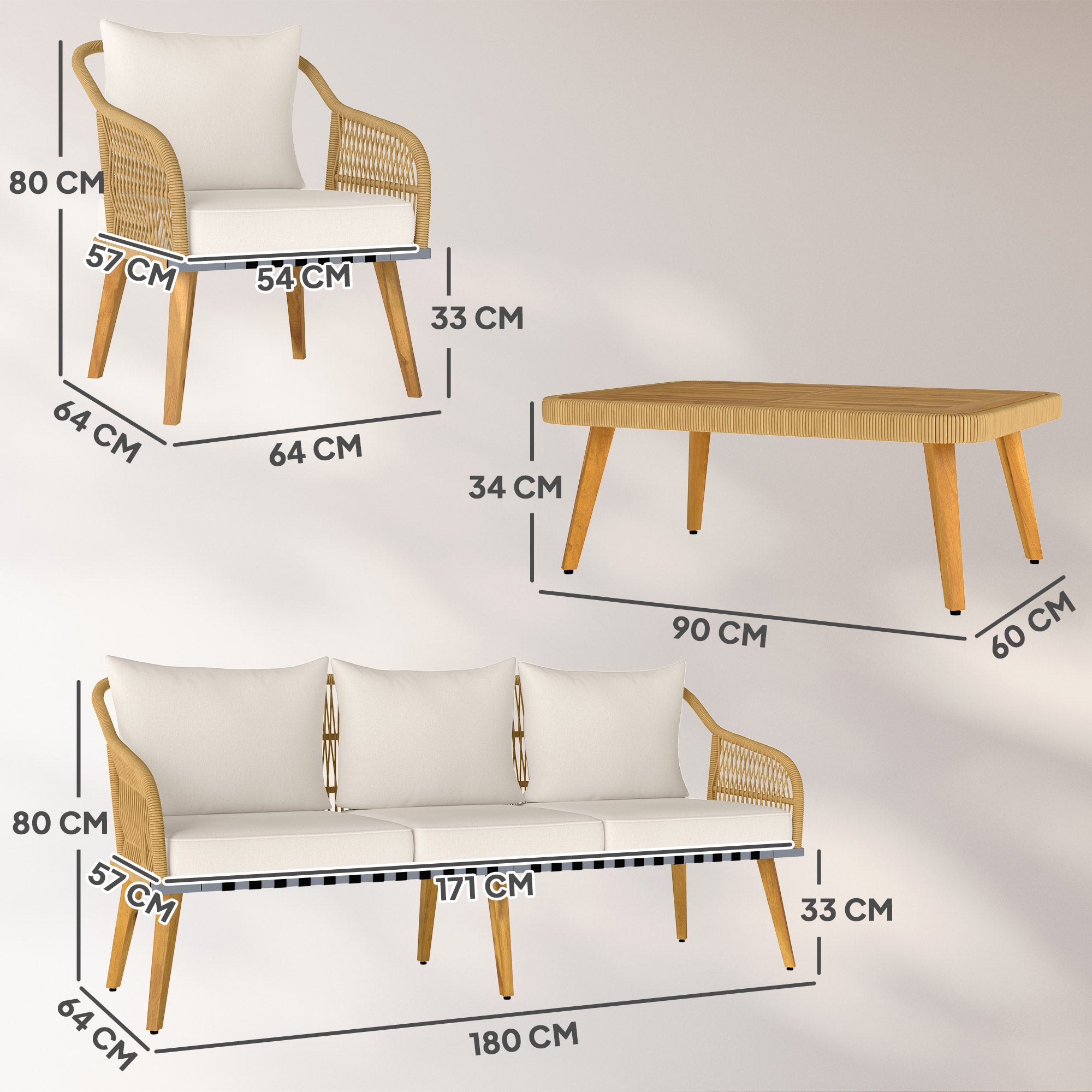 Outsunny Conjunto Jardín Exterior de Ratán con Cojines Conjunto Terraza Resistente a la Intemperie Muebles Jardín Exterior con 2 Sillones Sofá de 3 Plazas Mesa Patas de Madera de Acacia Natural
