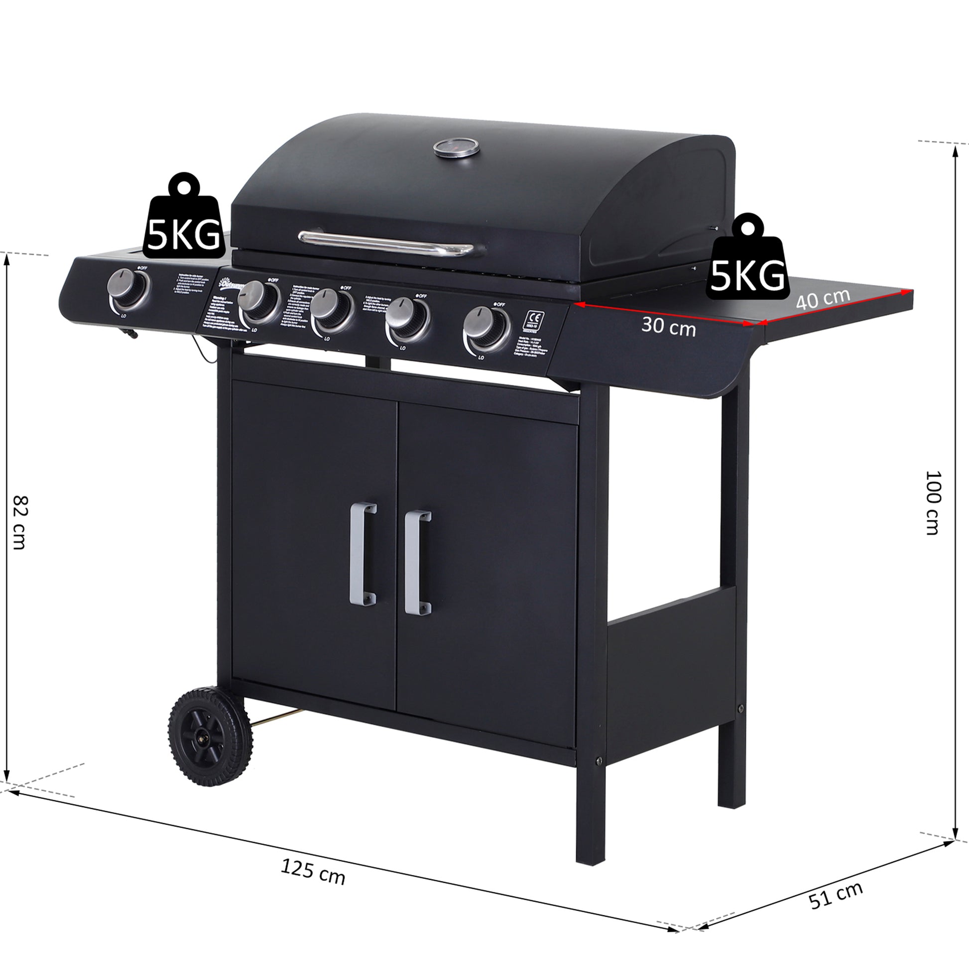 Outsunny Barbacoa de Gas con 4+1 Quemadores 14,4 KW Mesas Laterales Armario de Almacenaje Termómetro y 2 Ruedas Acero Inoxidable BBQ 125x51x100 cm Negro