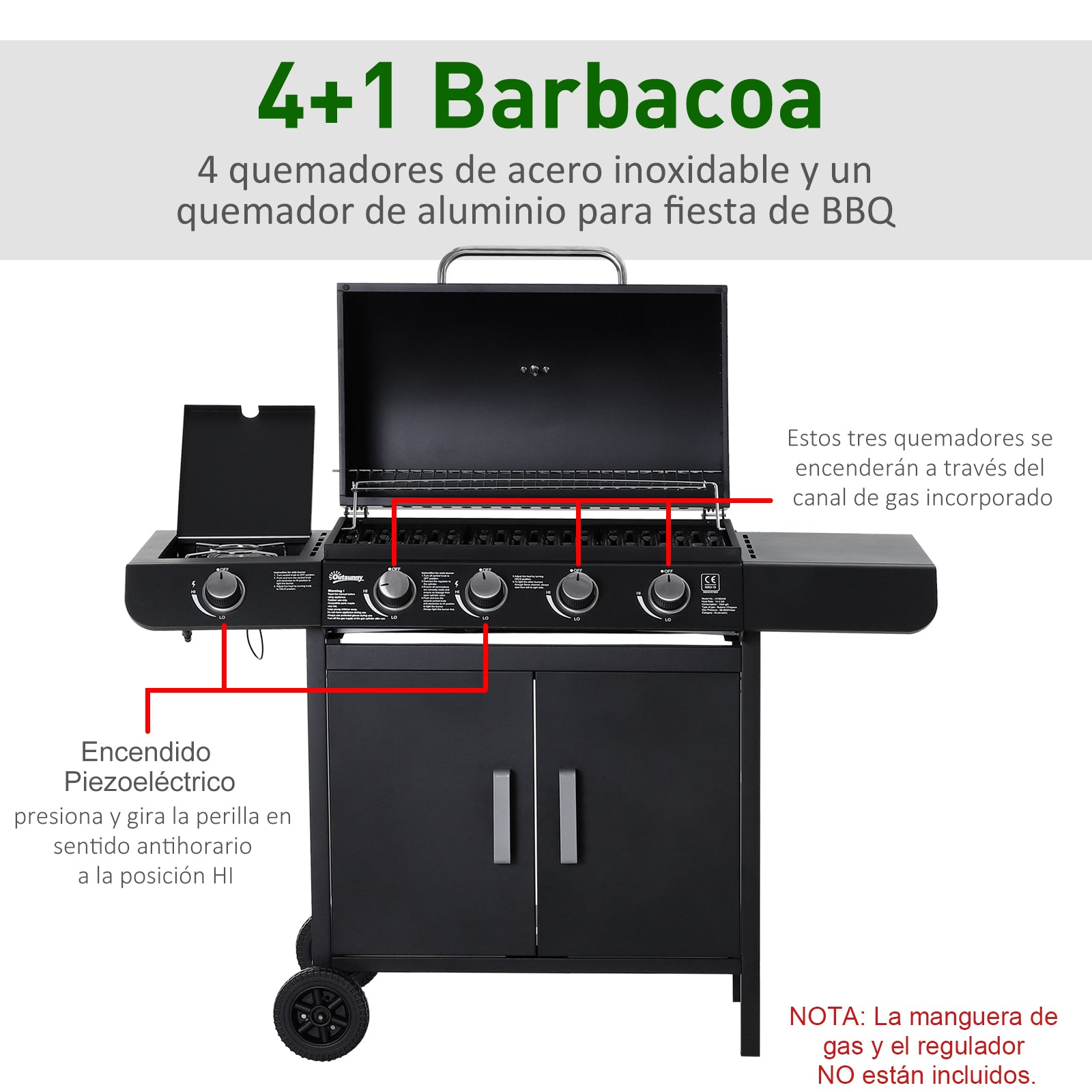 Outsunny Barbacoa de Gas con 4+1 Quemadores 14,4 KW Mesas Laterales Armario de Almacenaje Termómetro y 2 Ruedas Acero Inoxidable BBQ 125x51x100 cm Negro