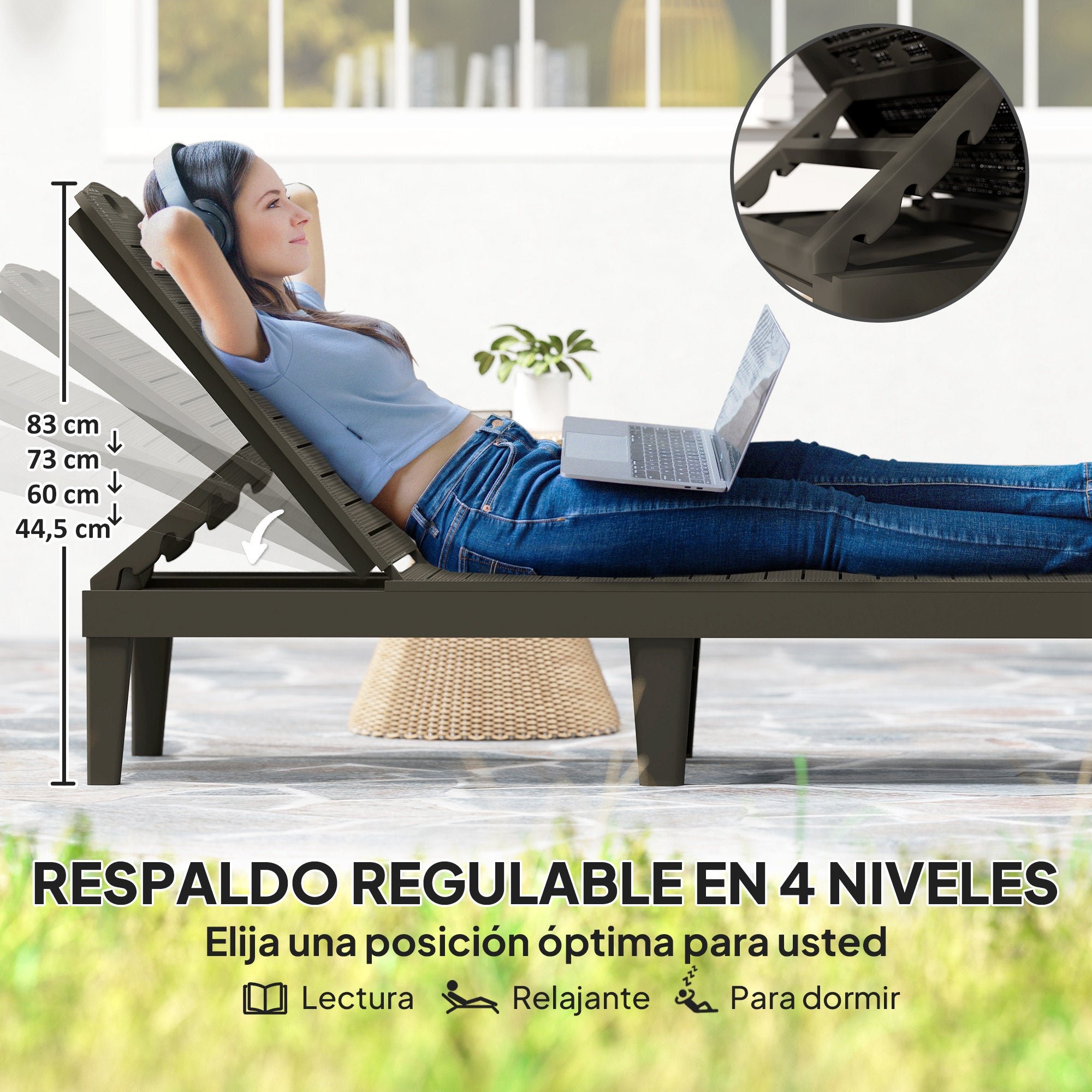 Outsunny Pack de 2 Tumbonas de Jardín Exterior, Tumbonas Reclinables de Plástico PP con Respaldo Ajustable de 4 Niveles, Resistentes a la Intemperie, para Playa, Piscina, Negro