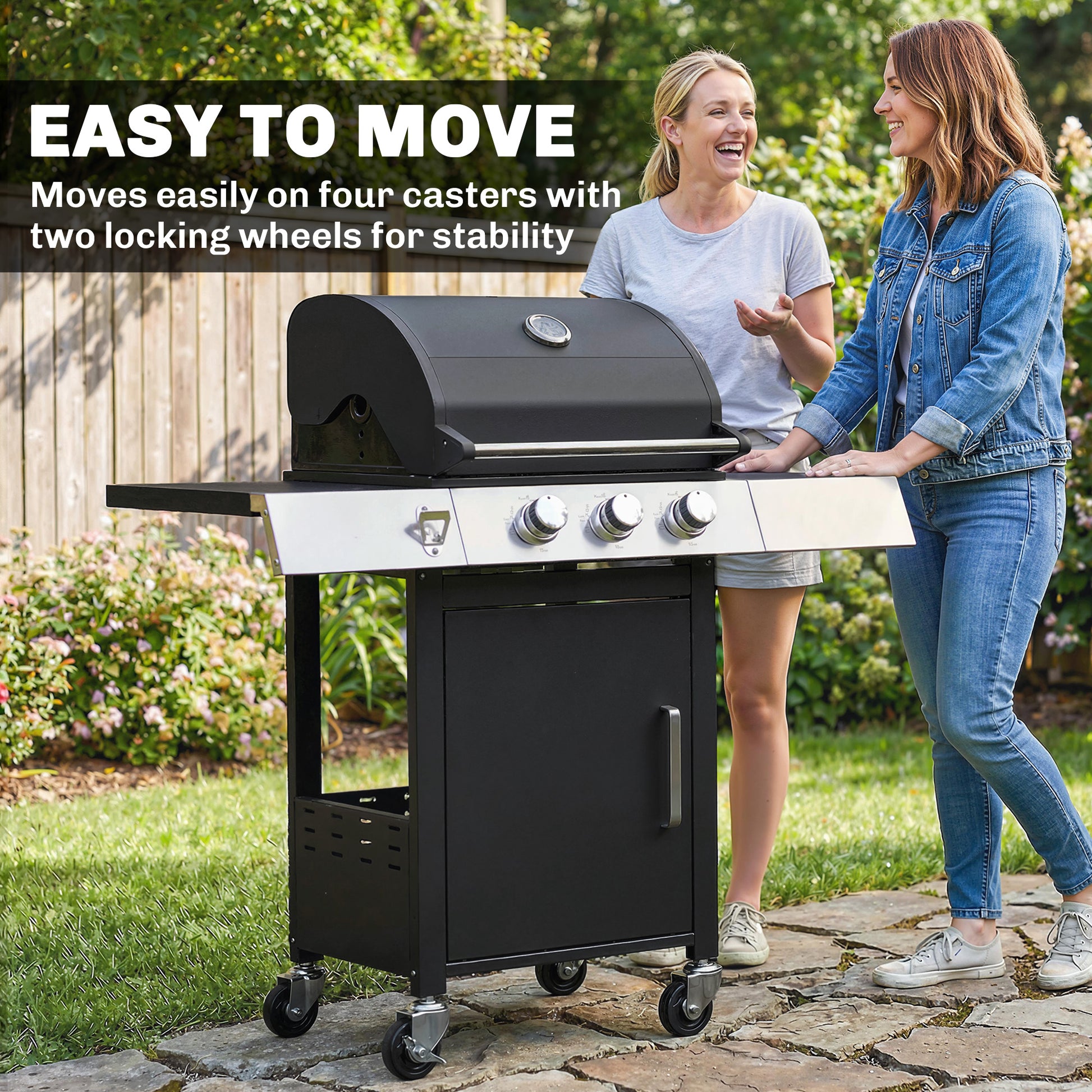 Outsunny Barbacoa de Gas BBQ Gas con 3 Quemadores 8,1 kW Barbacoa Portátil con Termómetro Mesas Laterales Armario Rejilla Calentadora Parrillas de Hierro Fundido Recogedor Grasa y 4 Ruedas Negro