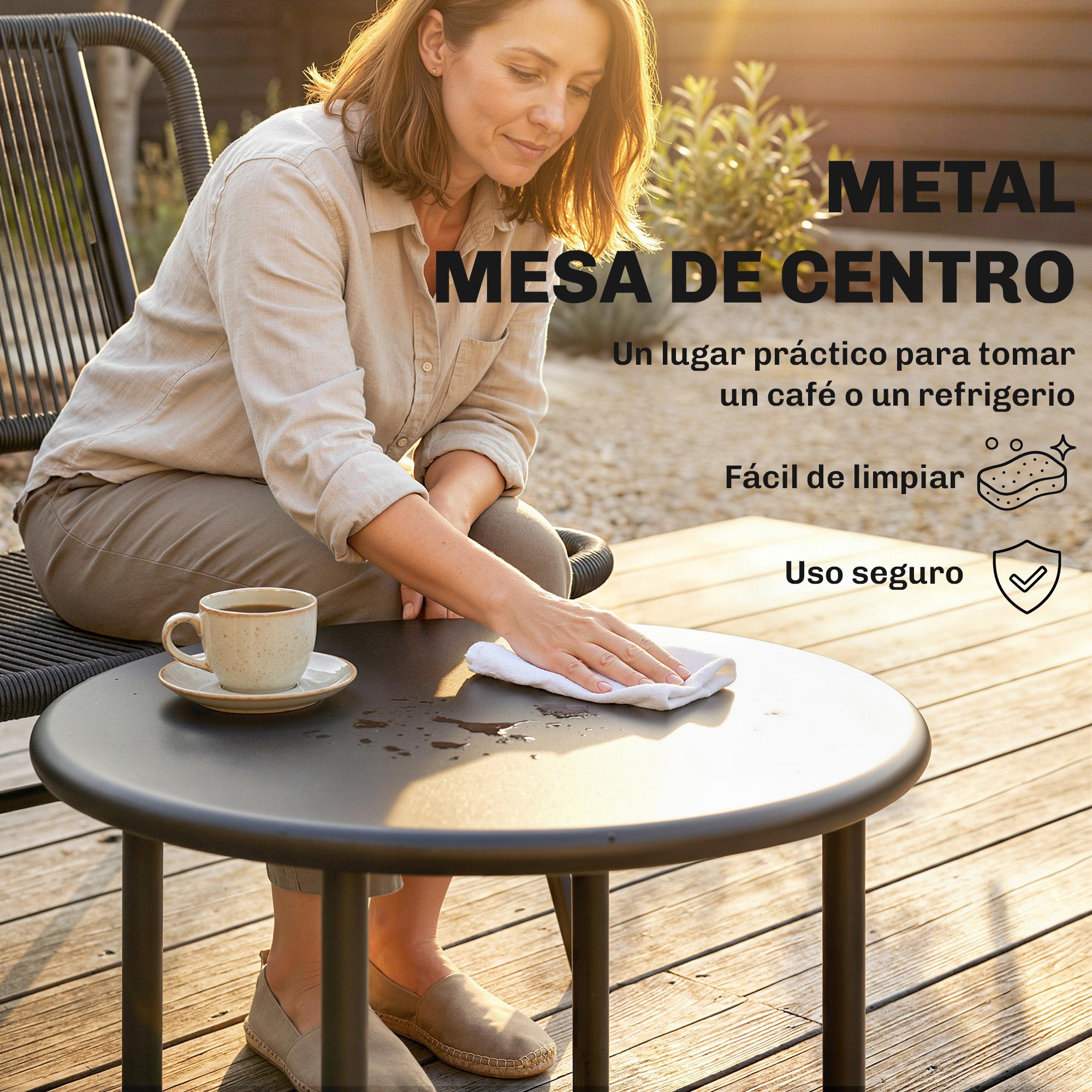 Outsunny Conjunto de Jardín Exterior de Ratán, Conjunto Terraza Resistente a la Intemperie, Muebles Jardín Exterior 4 Piezas Incluye Sofá de 2 Plazas, 2 Sillas, Mesa de Centro con Tapa Metálica, Negro