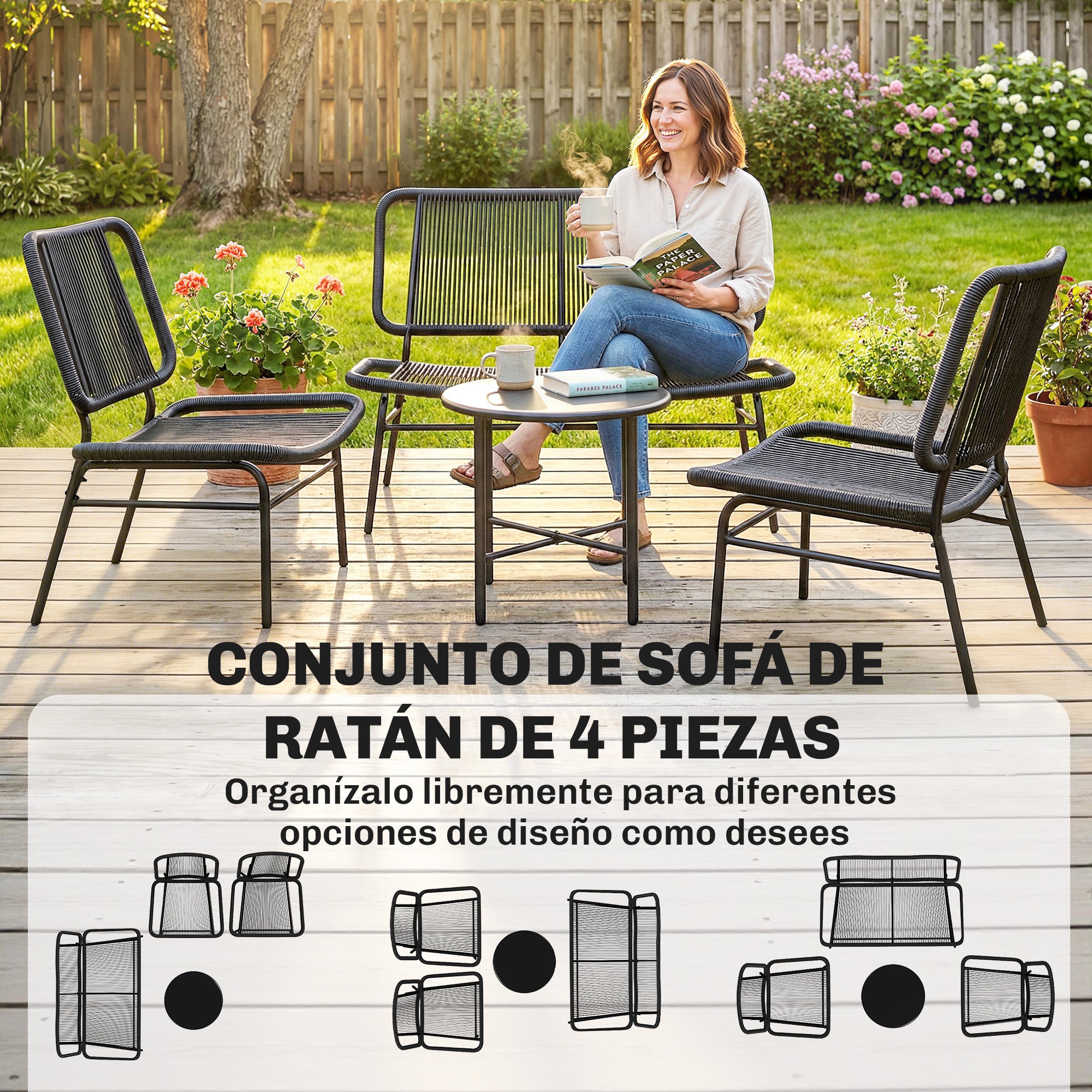 Outsunny Conjunto de Jardín Exterior de Ratán, Conjunto Terraza Resistente a la Intemperie, Muebles Jardín Exterior 4 Piezas Incluye Sofá de 2 Plazas, 2 Sillas, Mesa de Centro con Tapa Metálica, Negro