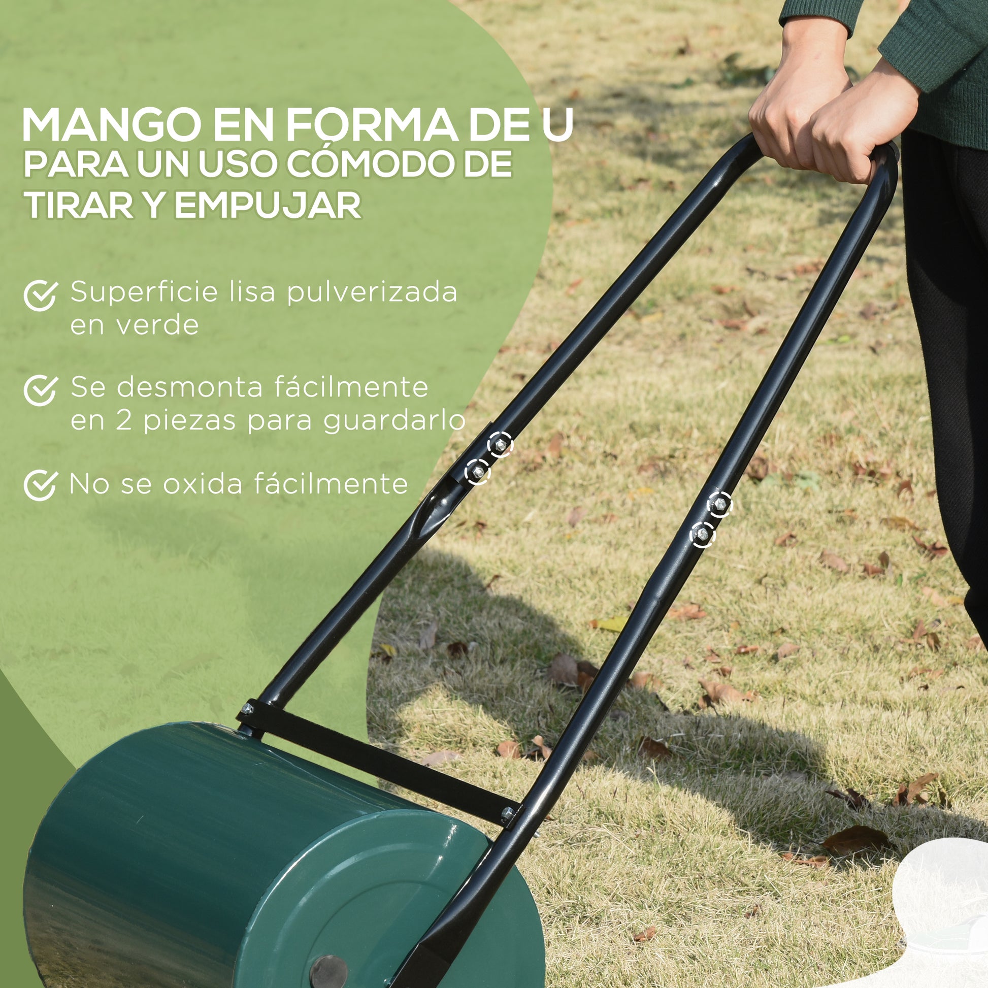 Outsunny Rodillo para Césped Ancho 50cm Ø30cm Rodillo de Césped de 30L Relleno de Arena o Agua con Mango en U para Jardín Granja Verde Oscuro