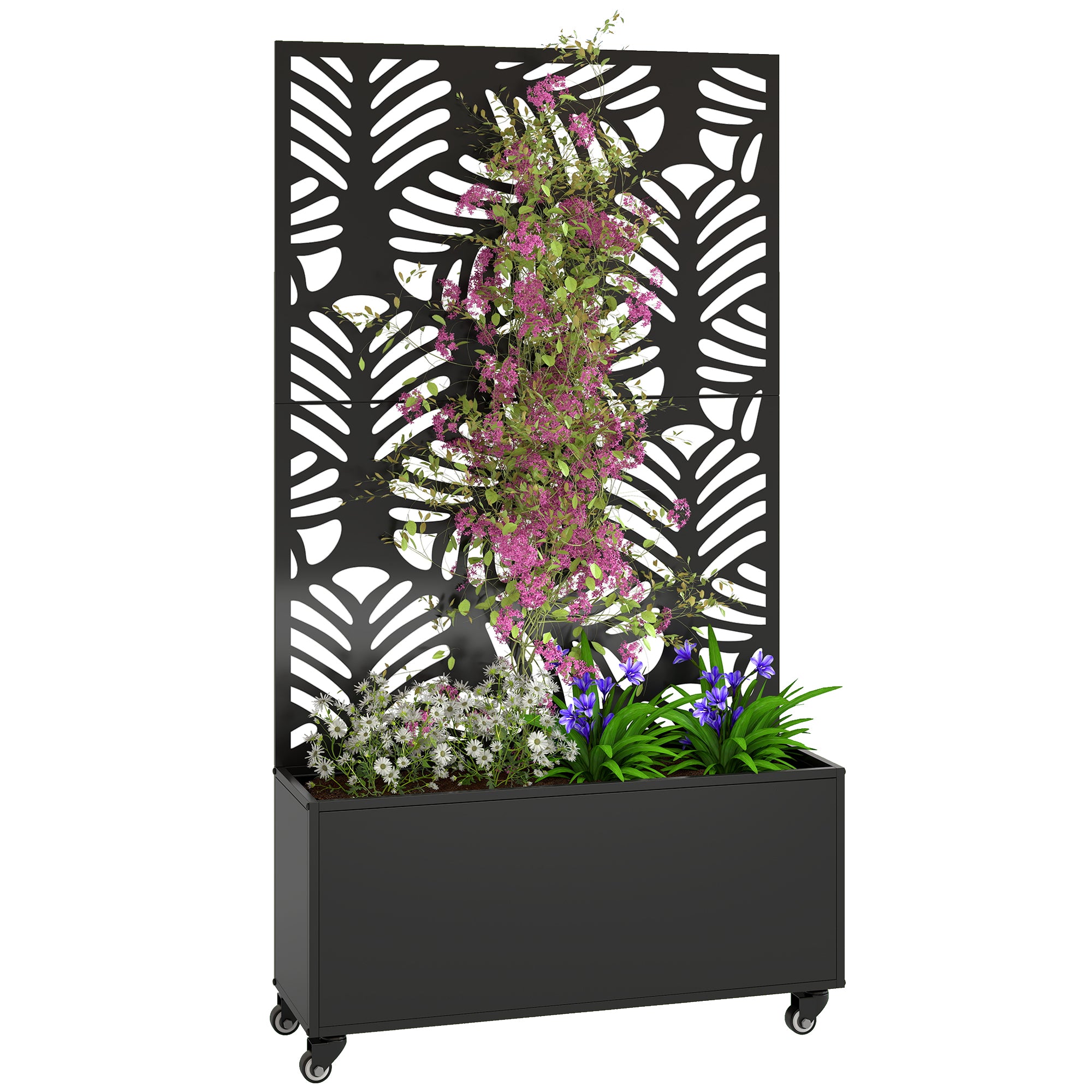 Outsunny Jardinera Exterior Grande de Metal con Ruedas, Jardinera con Pantalla de Privacidad de Hojas de Monstera, Macetero con Enrejado para Plantas Trepadoras, Patio, Terraza, 90x30x160 cm, Negro