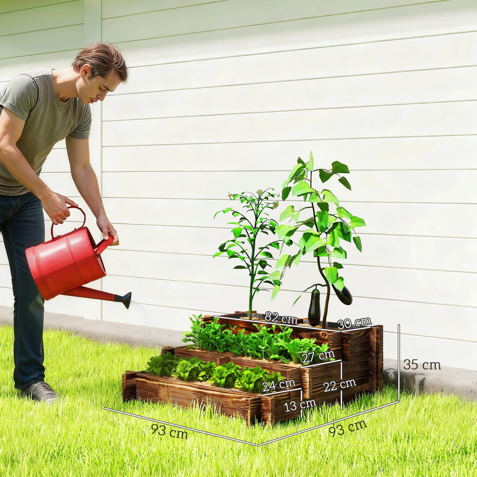 Outsunny Jardinera de Madera Arriate de Jardín de 3 Niveles con Diseño de Escalera y Tela no Tejida Huerto Urbano para Cultivos Plantas Flores para Terraza Jardín 93x93x35 cm Carbonizado