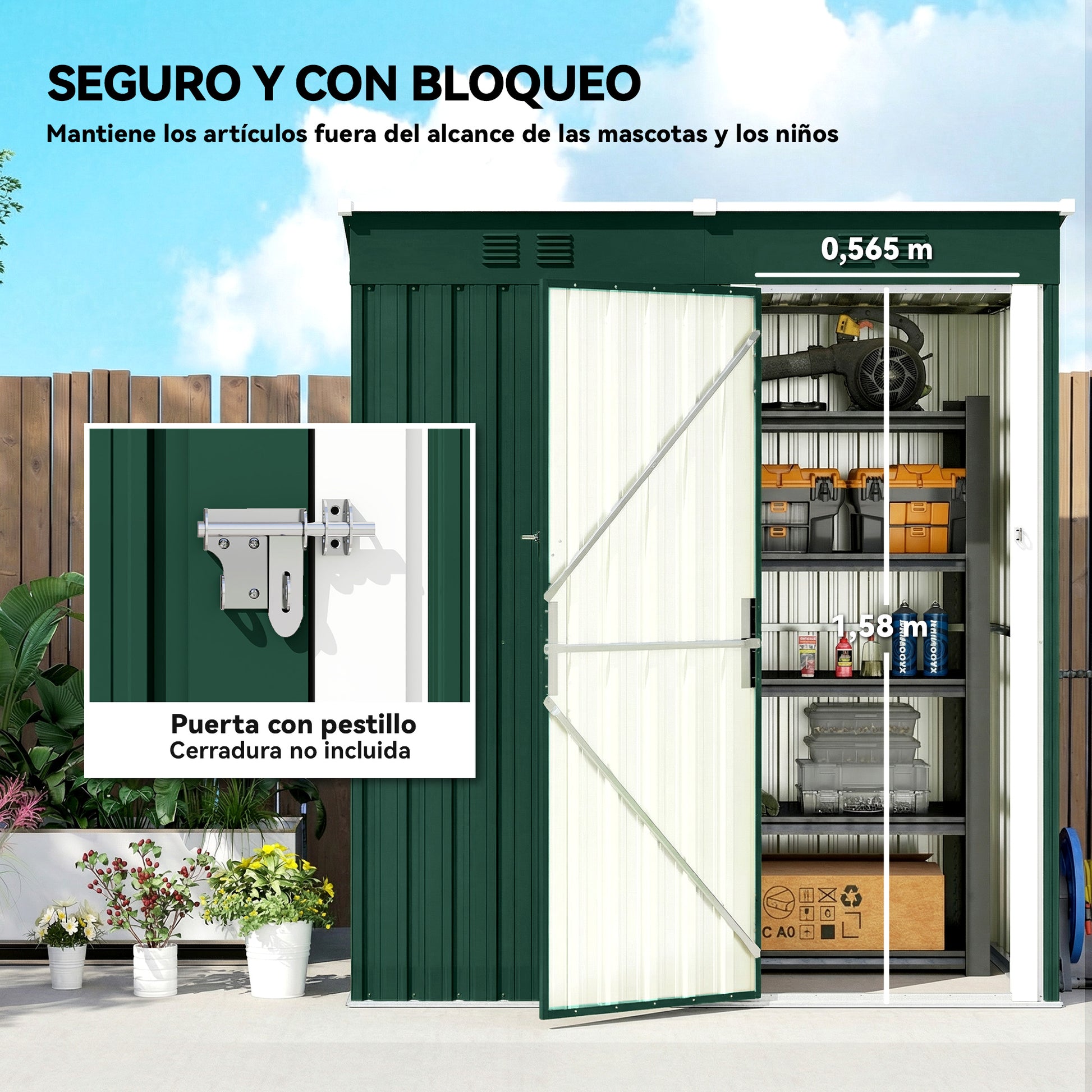 Outsunny Caseta de Jardín Exterior 1,37 m², 163x90x179 cm, Cobertizo de Jardín Exterior Metálico con Puerta con Pestillo y Ranuras de Ventilación, para Almacenamiento de Herramientas, Verde