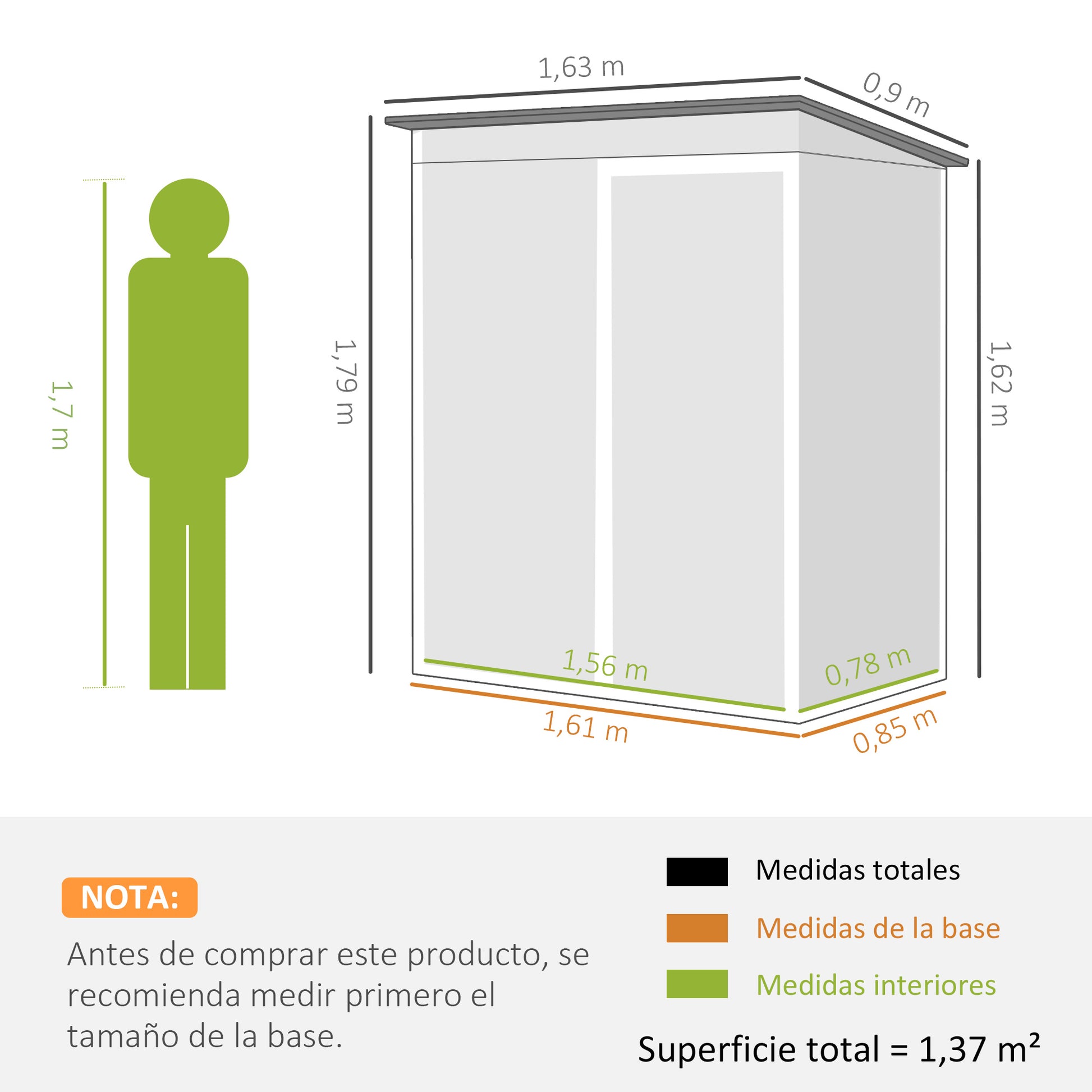 Outsunny Caseta de Jardín Exterior 1,37 m², 163x90x179 cm, Cobertizo de Jardín Exterior Metálico con Puerta con Pestillo y Ranuras de Ventilación, para Almacenamiento de Herramientas, Verde