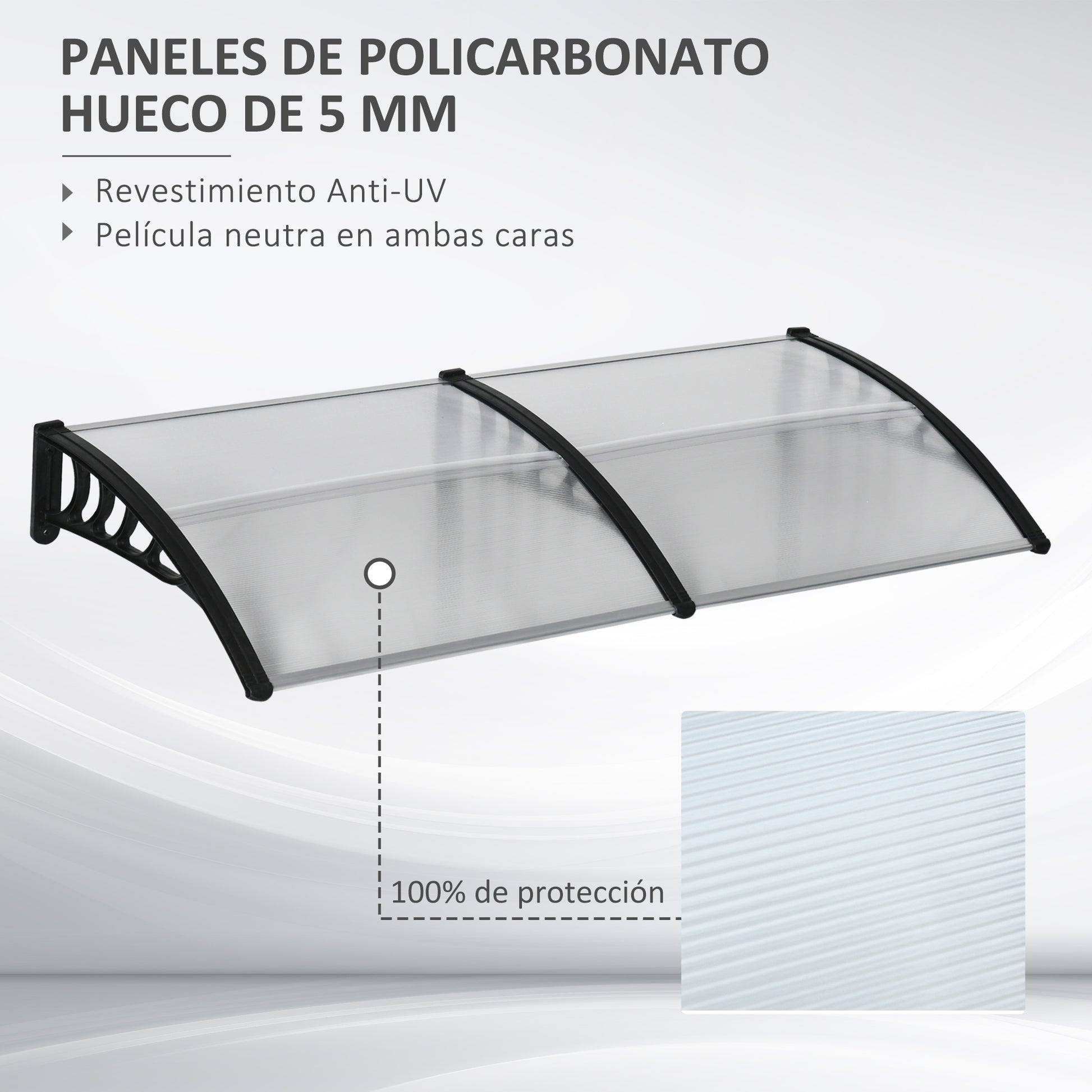 Outsunny Tejadillo de Protección 200x96x27 cm Marquesina Exterior para Puertas y Ventanas contra Sol y Lluvia con Soporte de PP Policarbonato Transparente