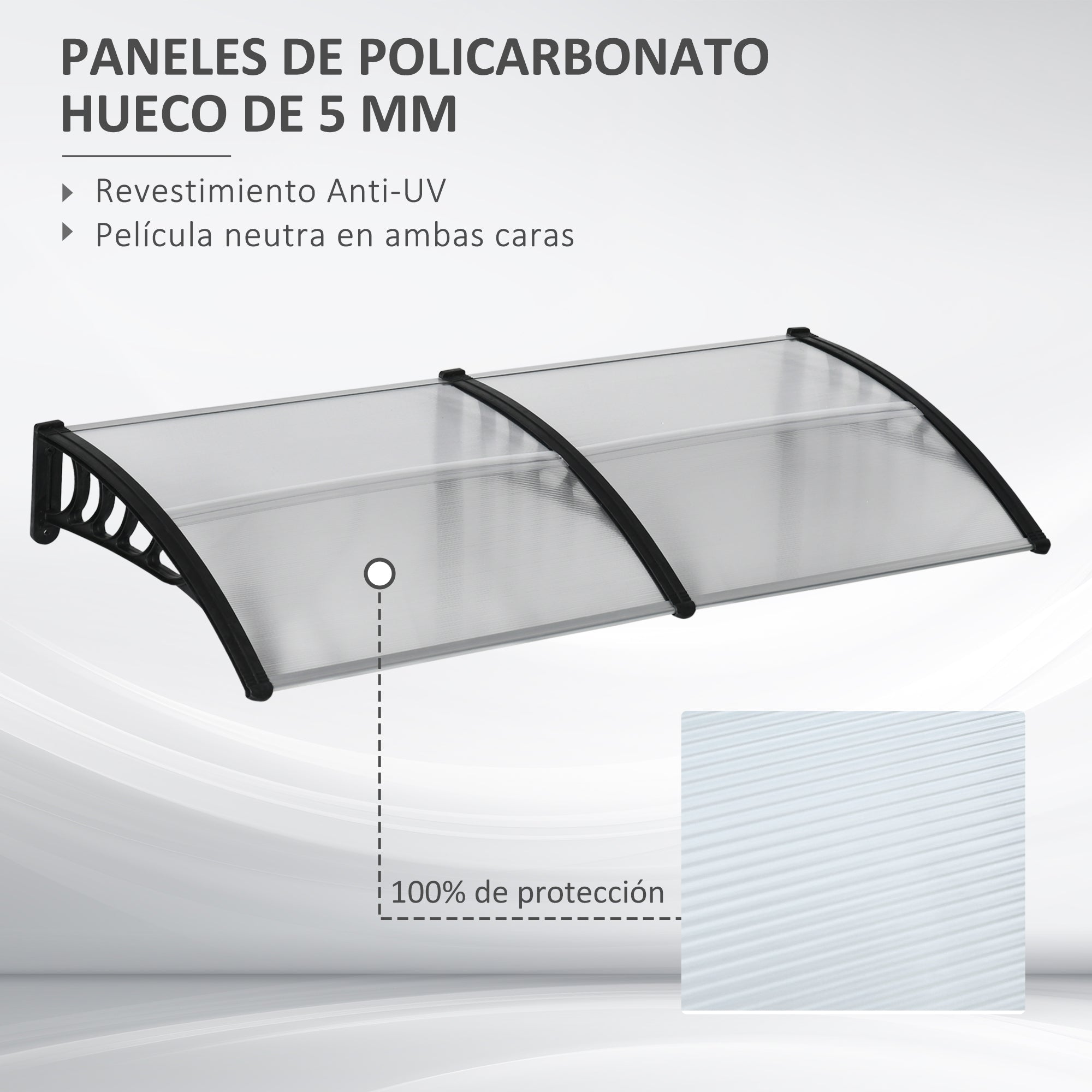 Outsunny Tejadillo de Protección 200x96x27 cm Marquesina Exterior para Puertas y Ventanas contra Sol y Lluvia con Soporte de PP Policarbonato Transparente