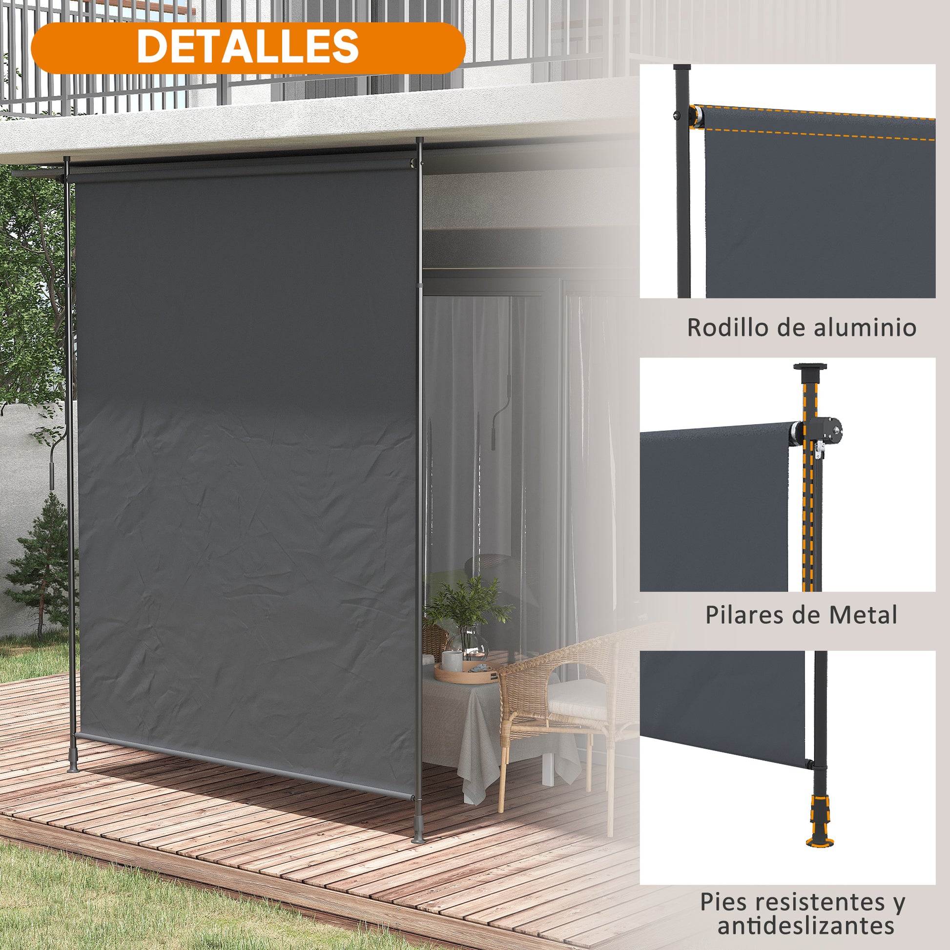 Outsunny Toldo Vertical Exterior 200x305 cm, Pantalla de Privacidad Enrollable, Toldo Lateral Ajustable con Manivela, Protección UV 40+ e Impermeable, Sin Taladro, para Balcón, Jardín, Gris