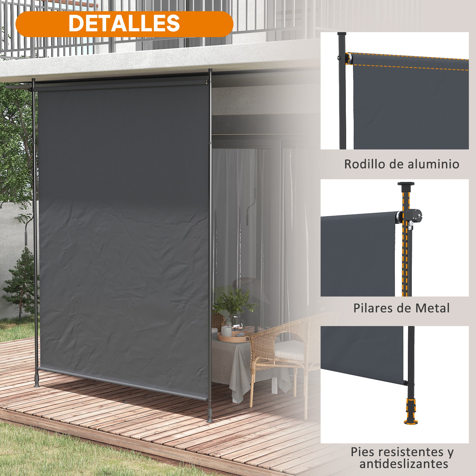 Outsunny Toldo Vertical Exterior 200x305 cm, Pantalla de Privacidad Enrollable, Toldo Lateral Ajustable con Manivela, Protección UV 40+ e Impermeable, Sin Taladro, para Balcón, Jardín, Gris