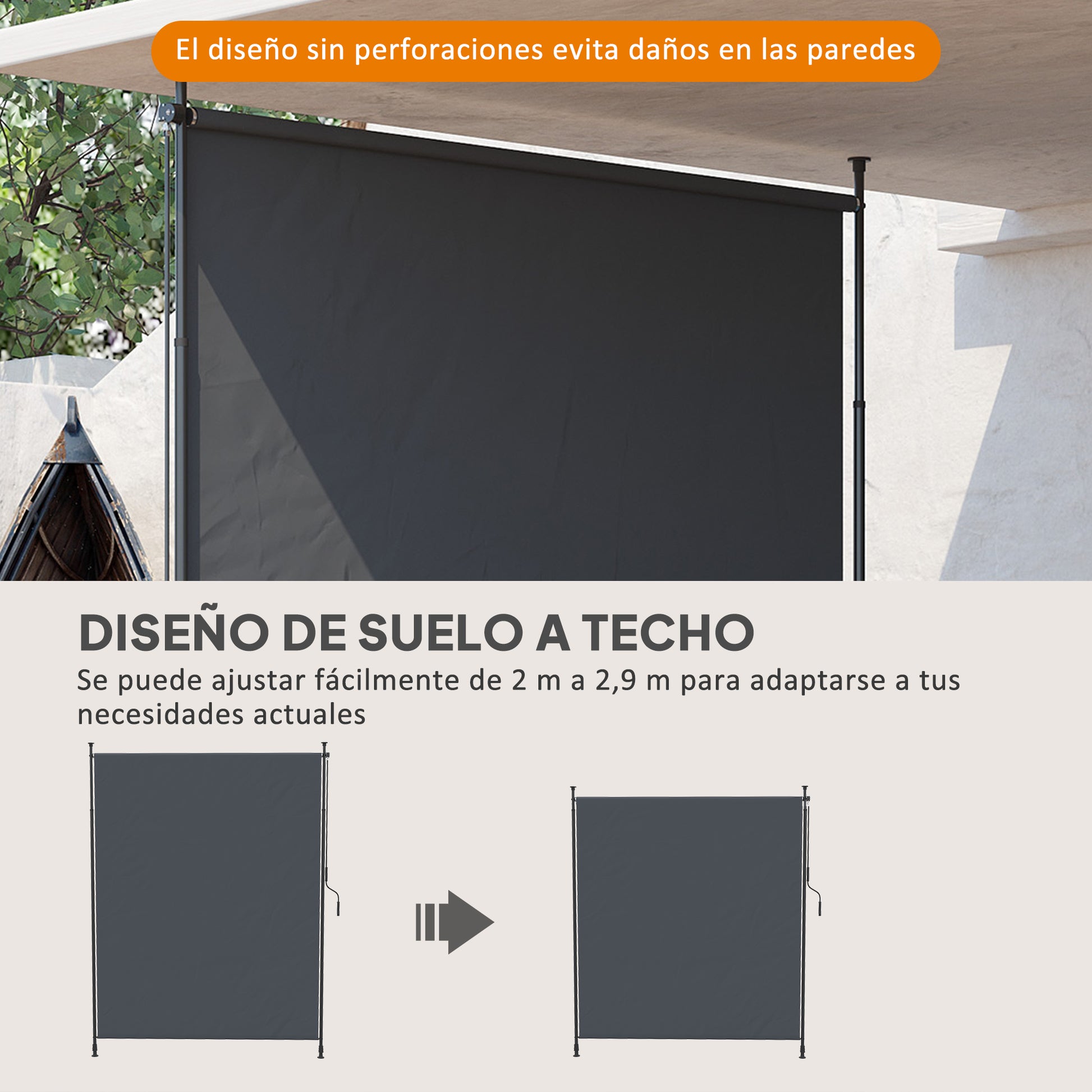 Outsunny Toldo Vertical Exterior 200x305 cm, Pantalla de Privacidad Enrollable, Toldo Lateral Ajustable con Manivela, Protección UV 40+ e Impermeable, Sin Taladro, para Balcón, Jardín, Gris